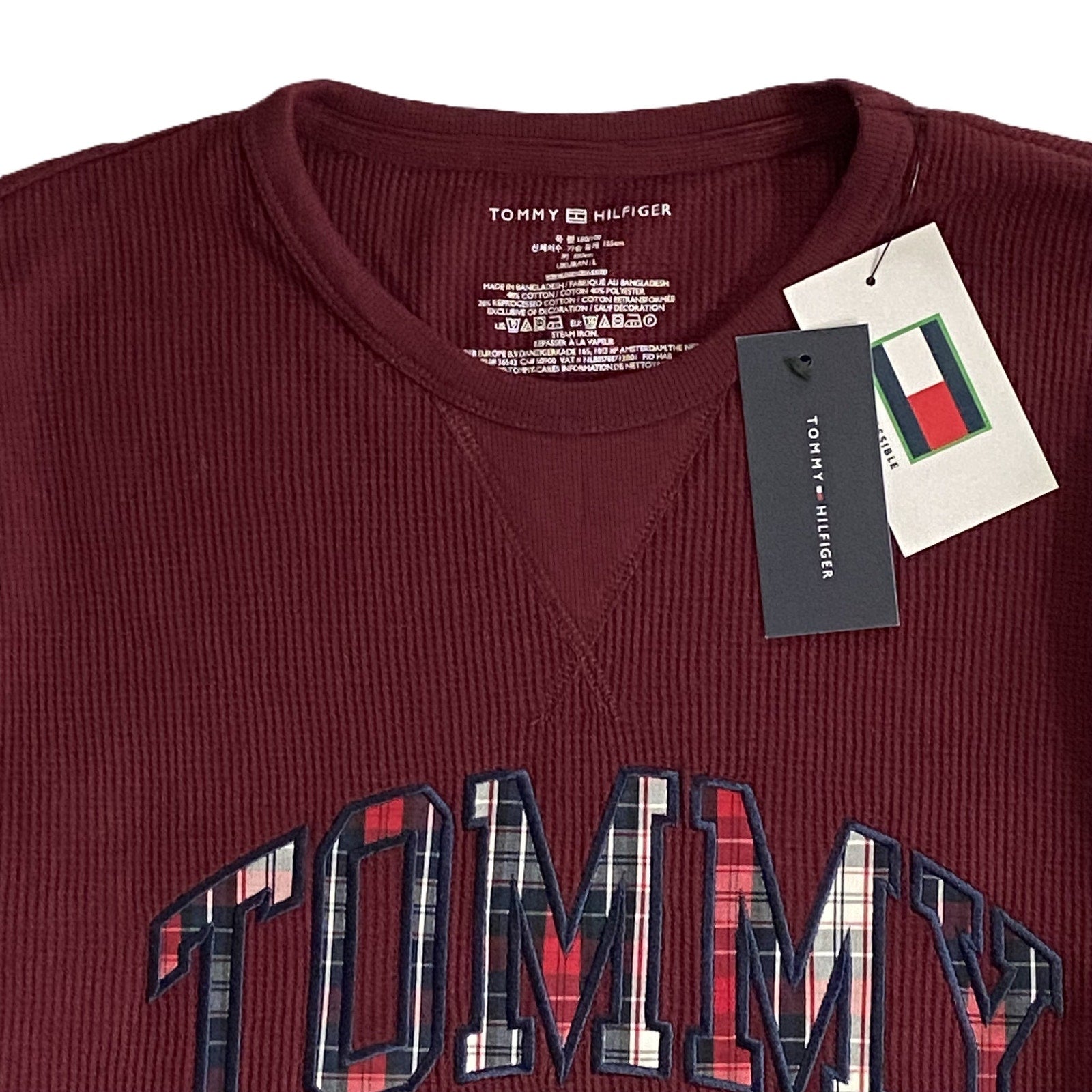 Tommy Hilfiger T-Shirt Men's Medium Long Sleeve Waffle-Knit Crew Neck Maroon