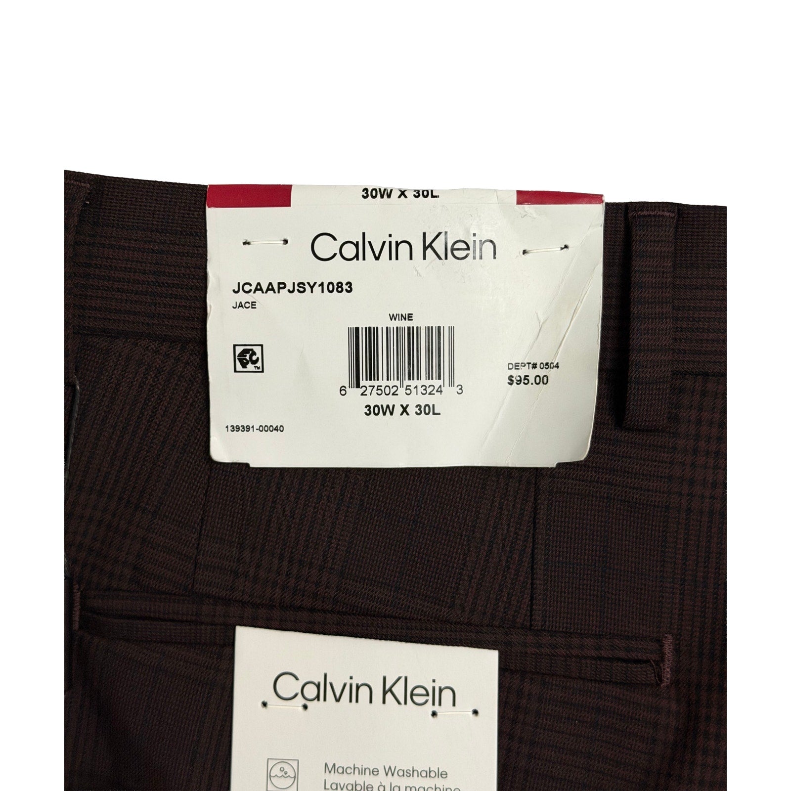 Calvin Klein Dress Pant Men's 30"x30" Slim Fit Flat Front Stretch Wine Plaid