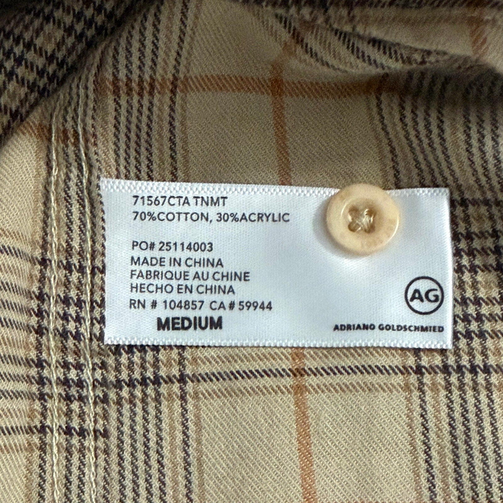 AG Los Angeles Wayne Work Shirt Men's Medium Relaxed Fit Tan Plaid