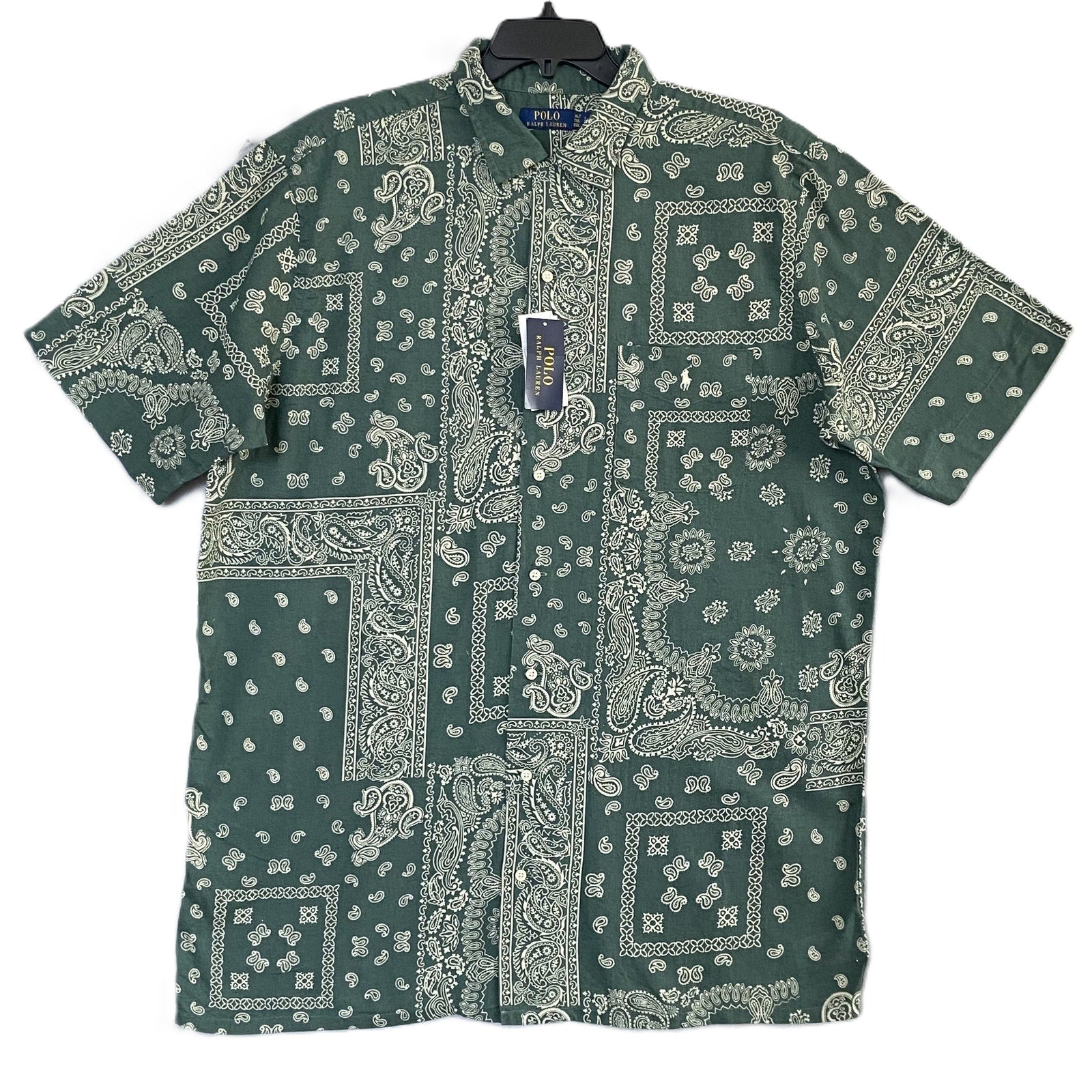 Polo Ralph Lauren Shirt Men's XLT Bandana Print Camp Shirt Linen Blend Green