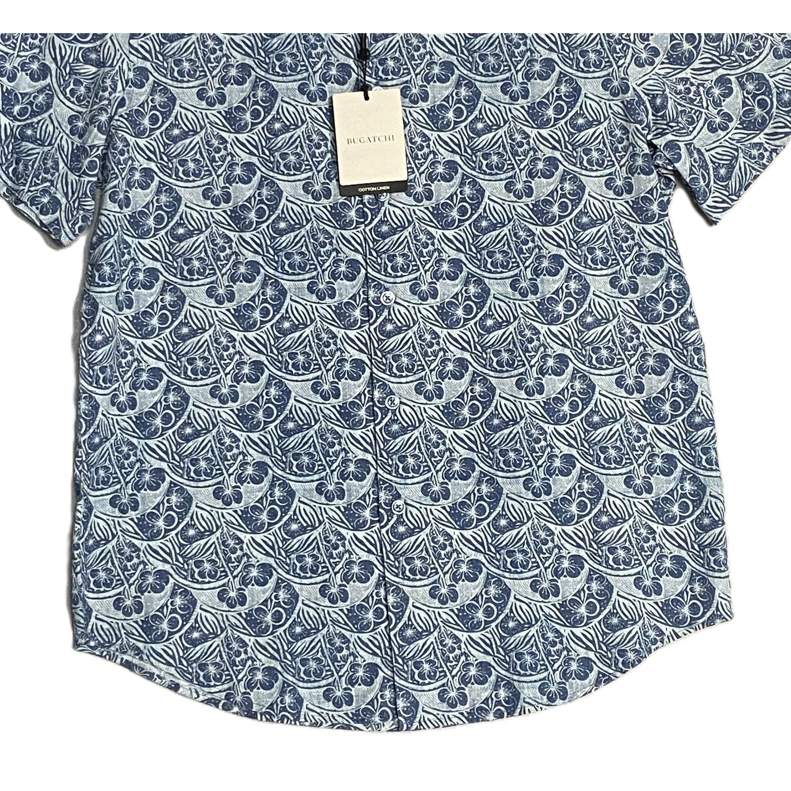 Bugatchi Shirt Men's Small Shaped Fit Linen Blend Short Sleeve Indigo Floral