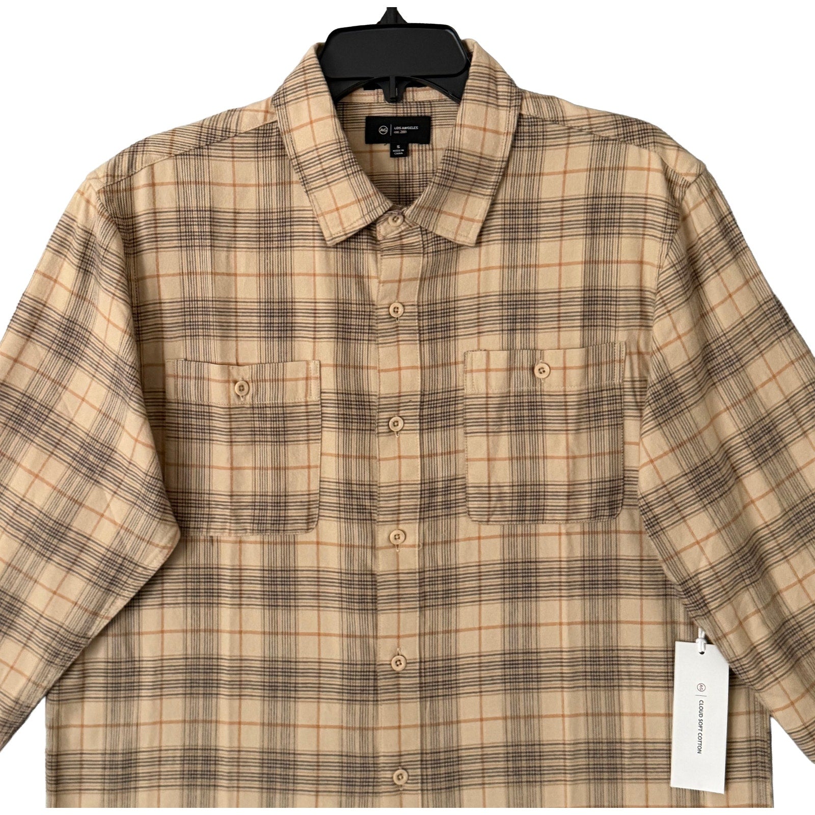 AG Los Angeles Wayne Work Shirt Men's Small Relaxed Fit Tan Plaid