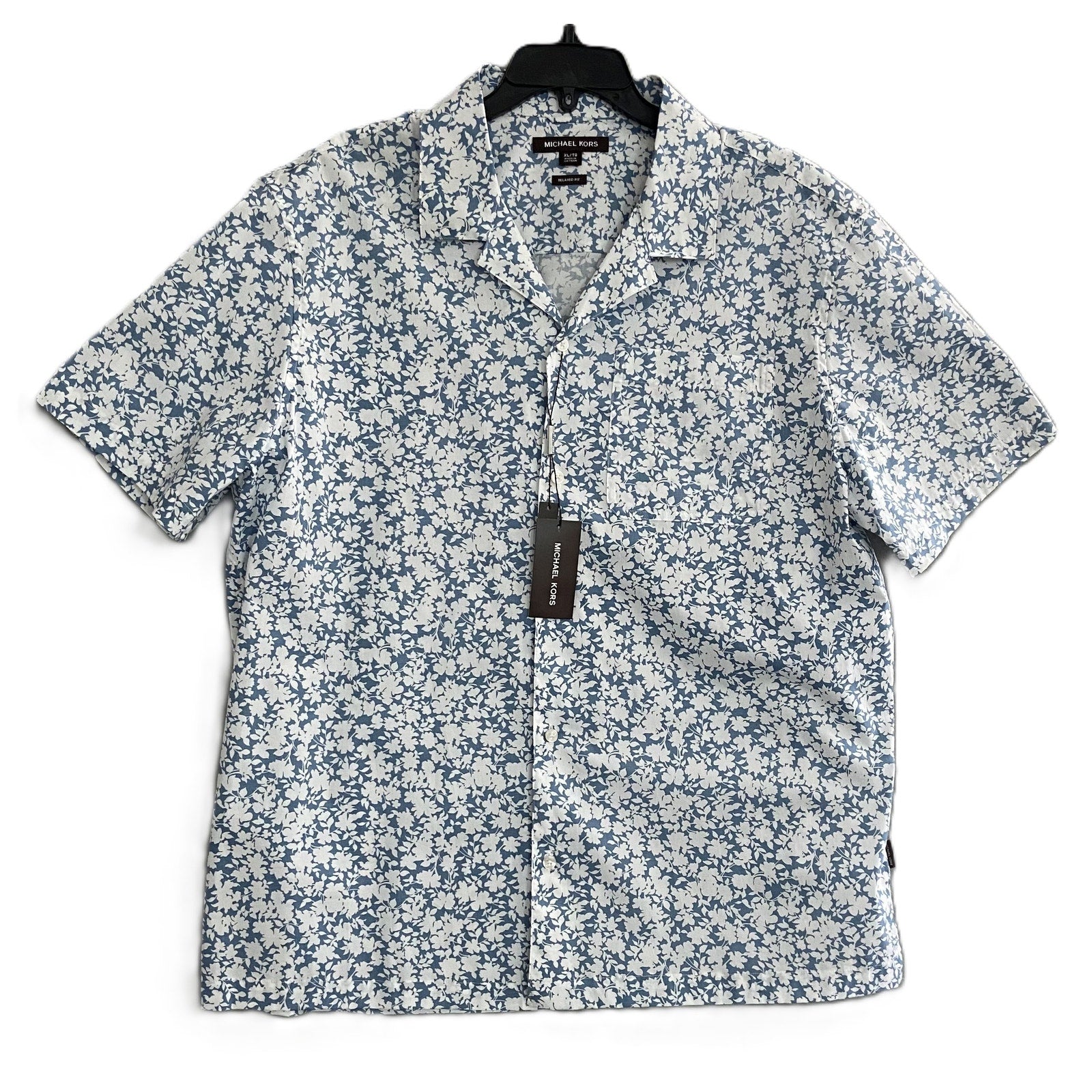 Michael Kors Camp Shirt Men's XL Relaxed Fit Blue Chambray White Floral