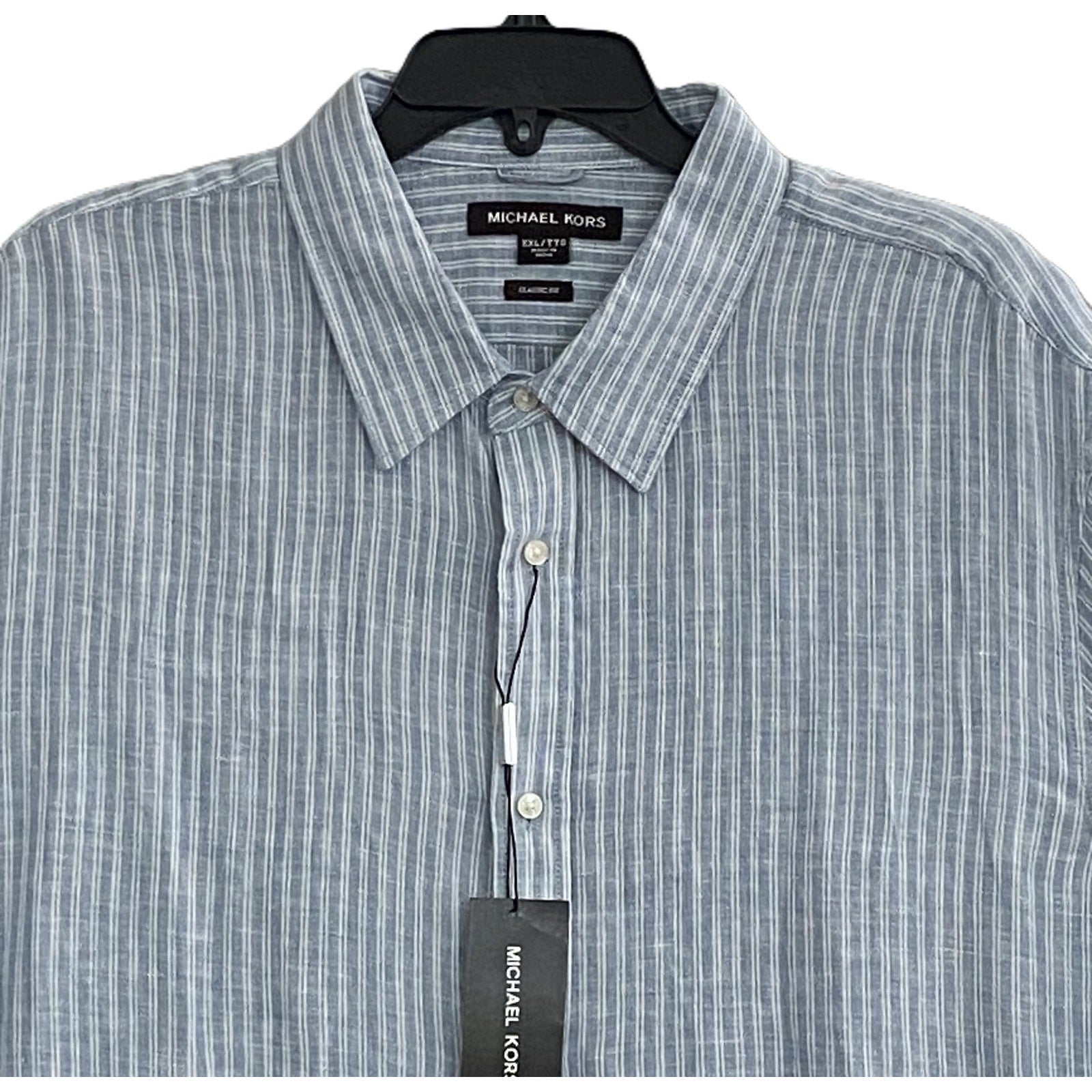 Michael Kors Shirt Men's XXL Classic Fit Linen Short Sleeve Blue Pinstripe