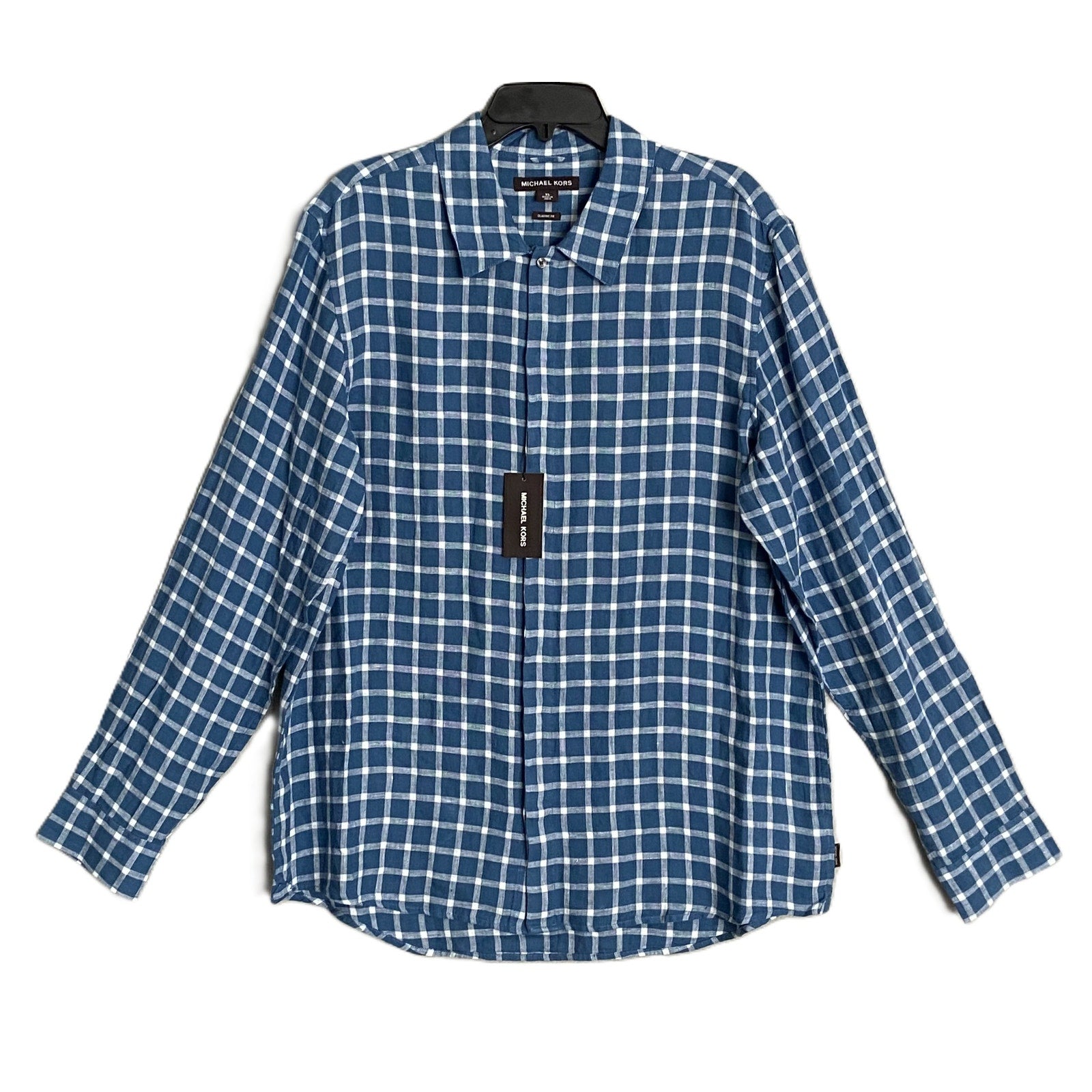 Michael Kors Men's XXL Classic Fit Linen Shirt Blue Check Long Sleeve