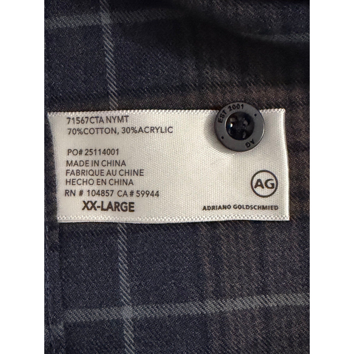 AG Los Angeles Wayne Long Sleeve Work Shirt Men's XXL Relaxed Fit Navy Plaid