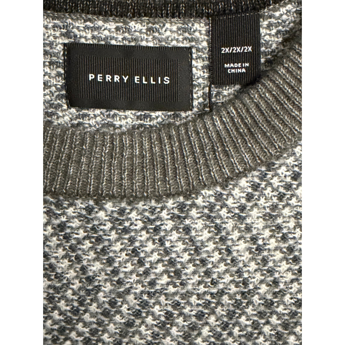 Perry Ellis Sweater Men's 2X Big & Tall Yarn Herringbone Crew Neck Gray