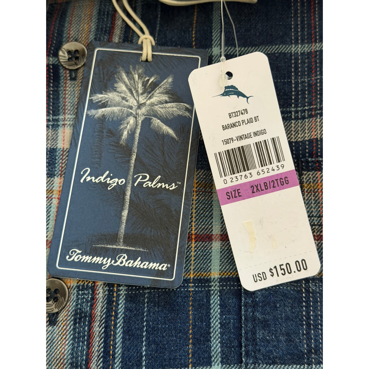 Tommy Bahama LS Shirt Men's 2XLB Big & Tall "Baranco Plaid" Indigo Palms