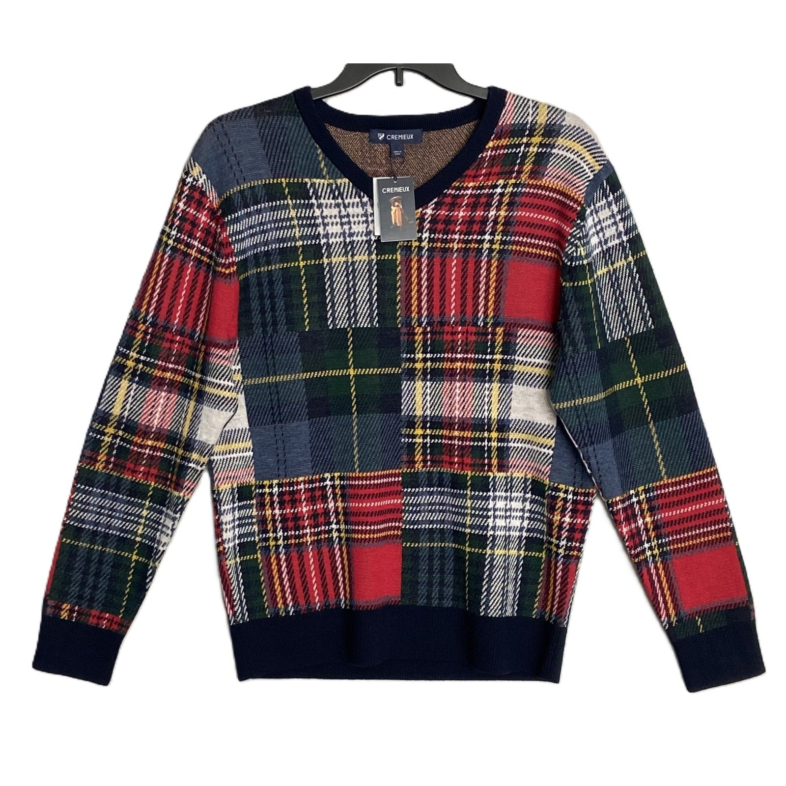 Daniel Cremieux V-Neck Sweater Men's XL Patchwork Plaid Fine Merino Wool NEW