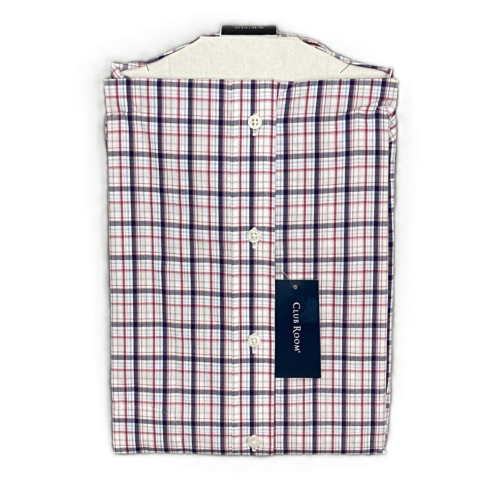 Club Room Dress Shirt Men's 15.5 34/35 Long Sleeve Cotton Plaid White Red Gray