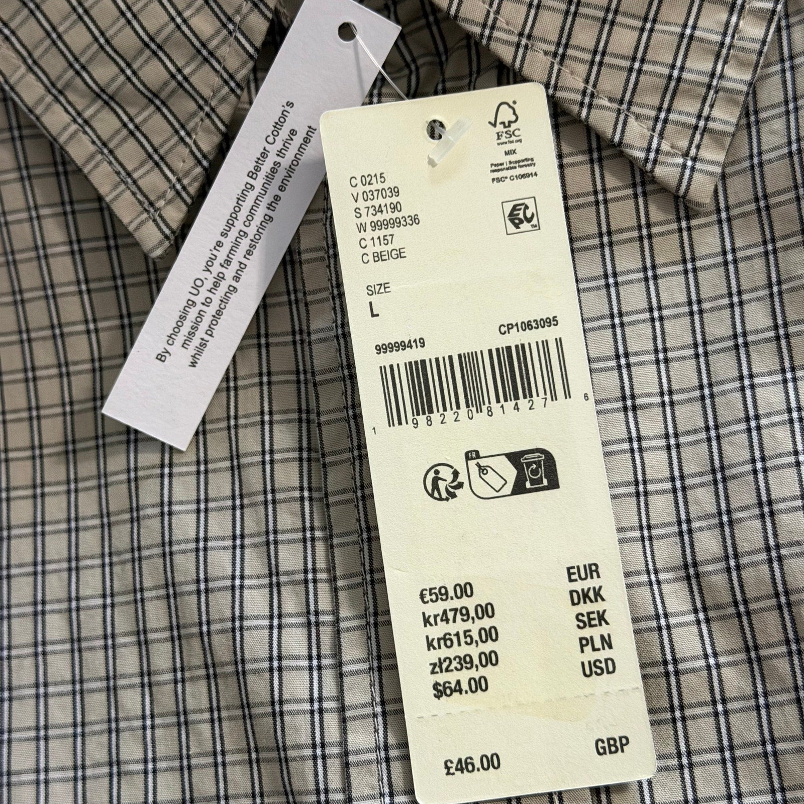 BDG Button-Up Shirt Men's Large Long Sleeve Beige and Black Plaid Check