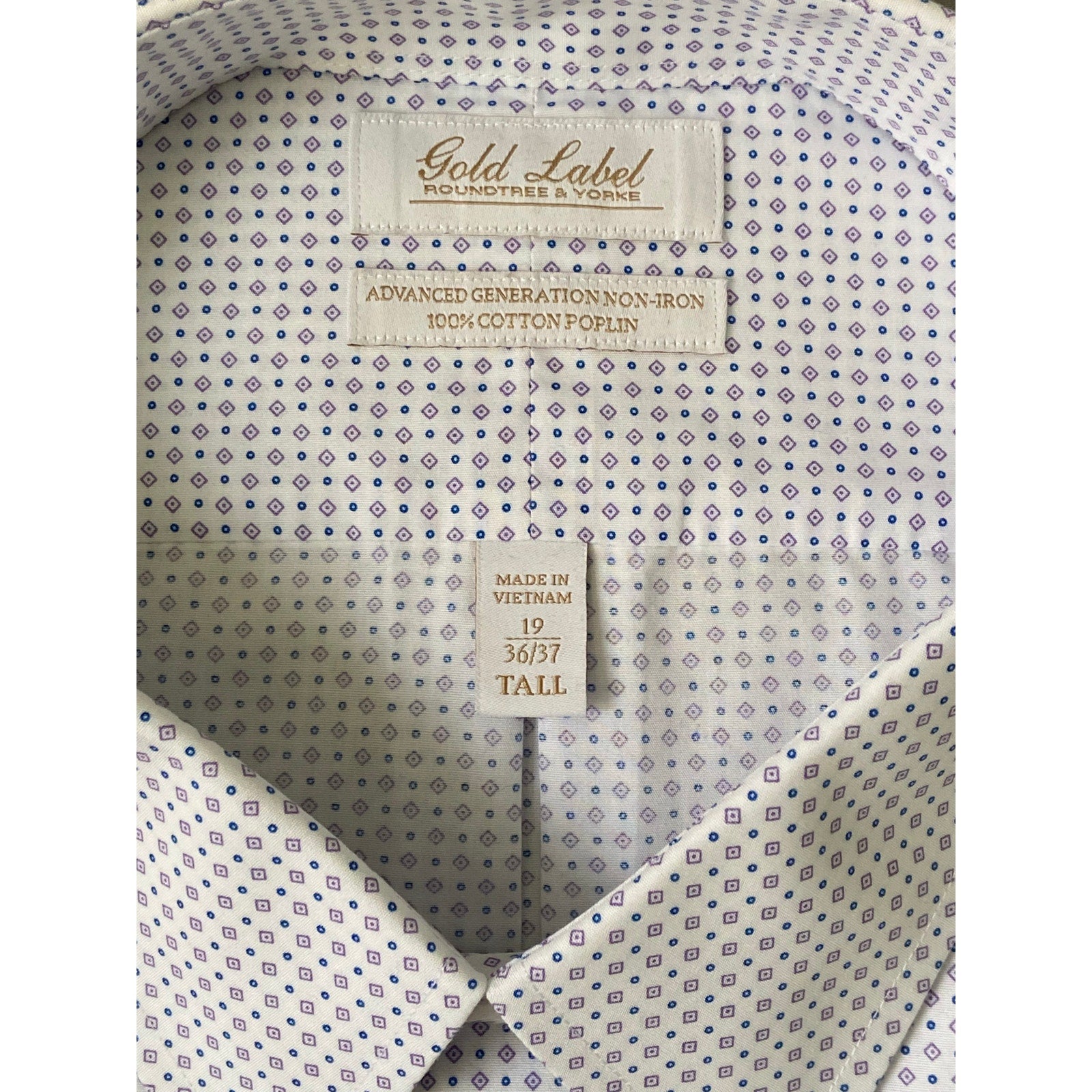 Roundtree & Yorke Shirt Big & Tall Men's 17 36/37 White Geo Dress Shirt