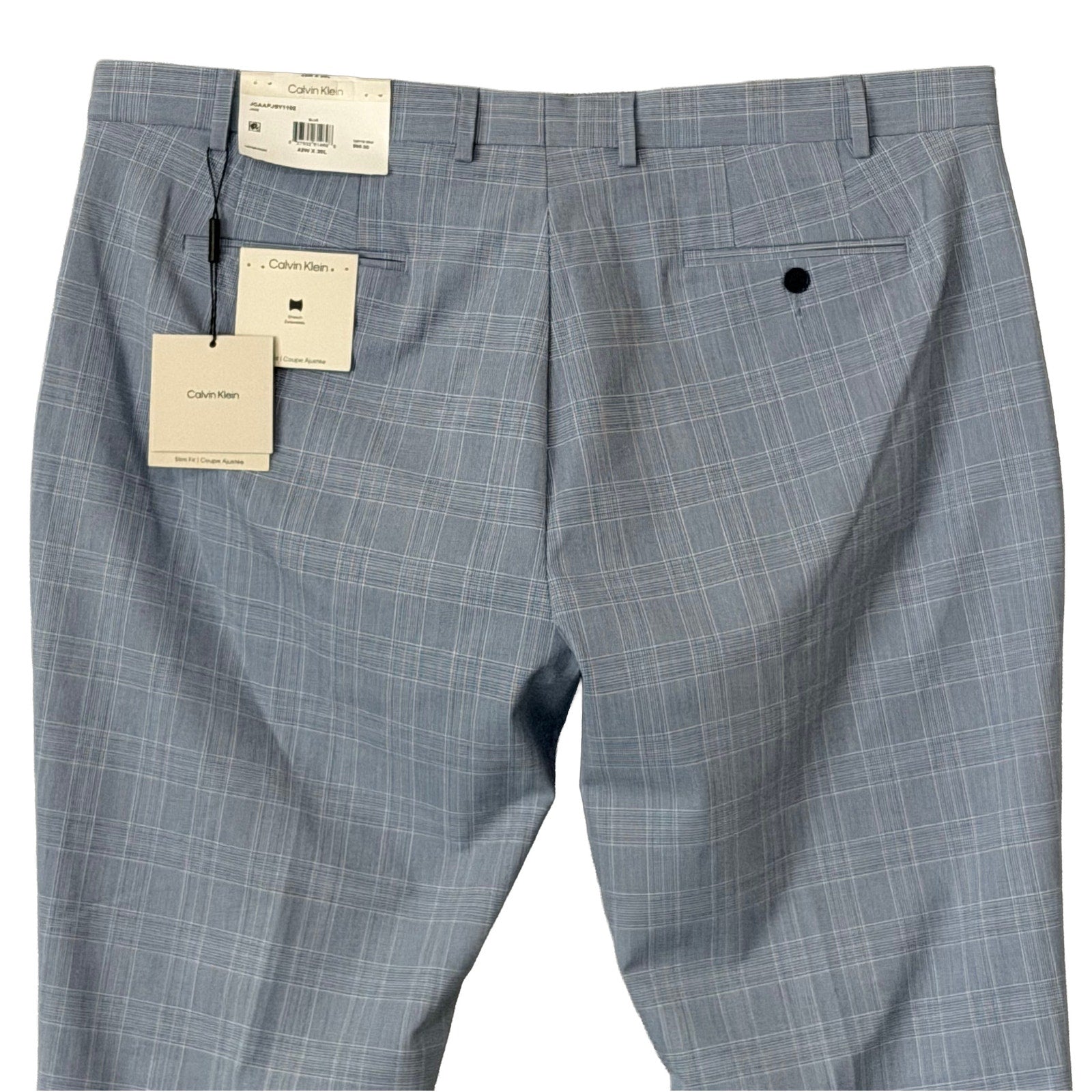 Calvin Klein Dress Pant Men's 42"x30" Slim Fit Flat Front Stretch Blue Plaid