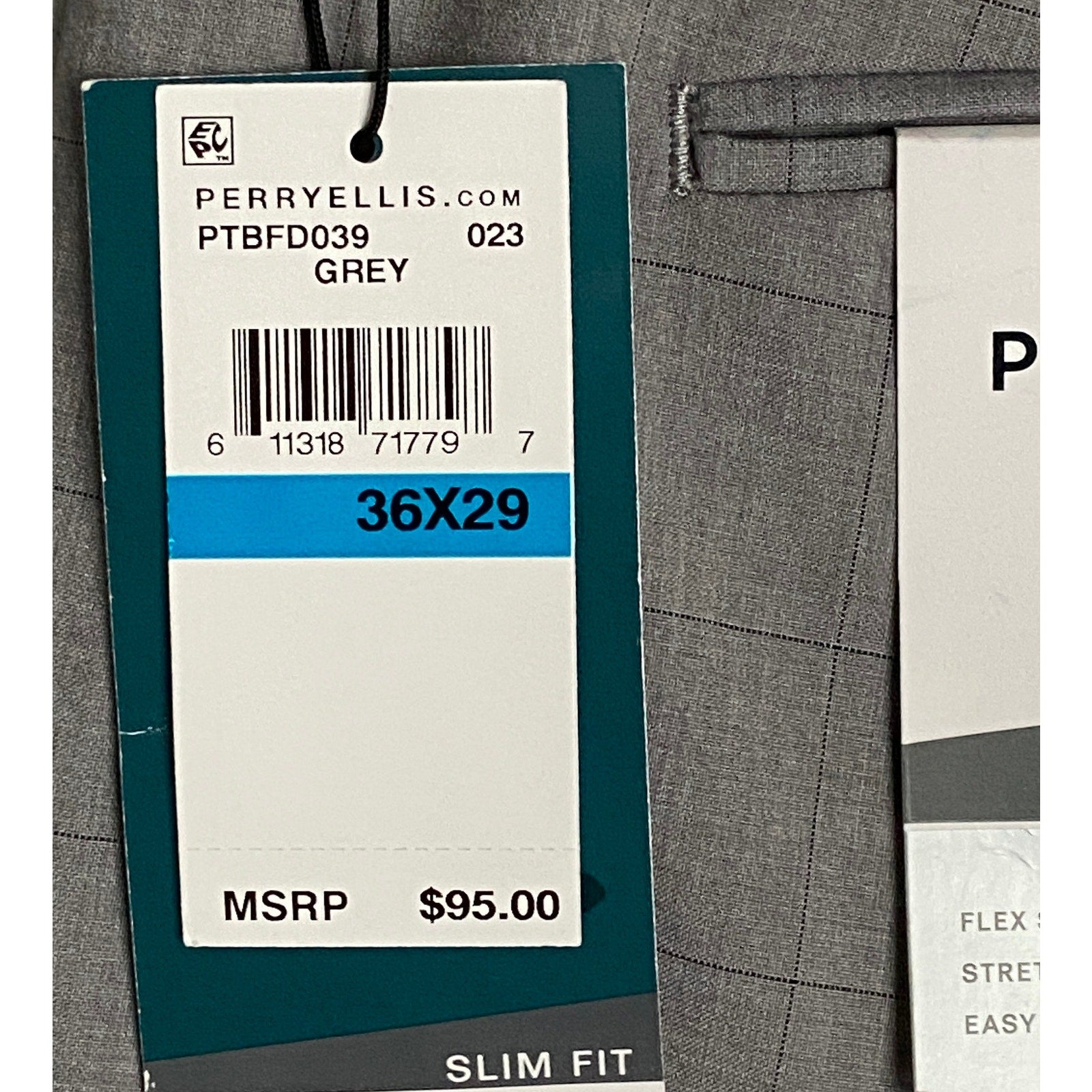 Perry Ellis Portfolio Pants Men's 36x29 Dress Pant Slim Fit Grey Window Pane NEW