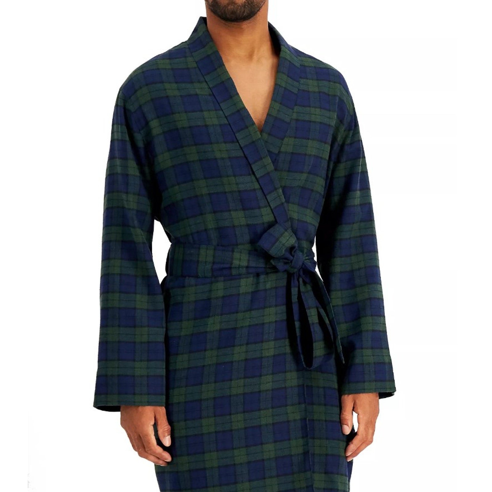 Club Room Men's Robe Size L/XL Plaid Shawl Collar Flannel Robe Navy/Green