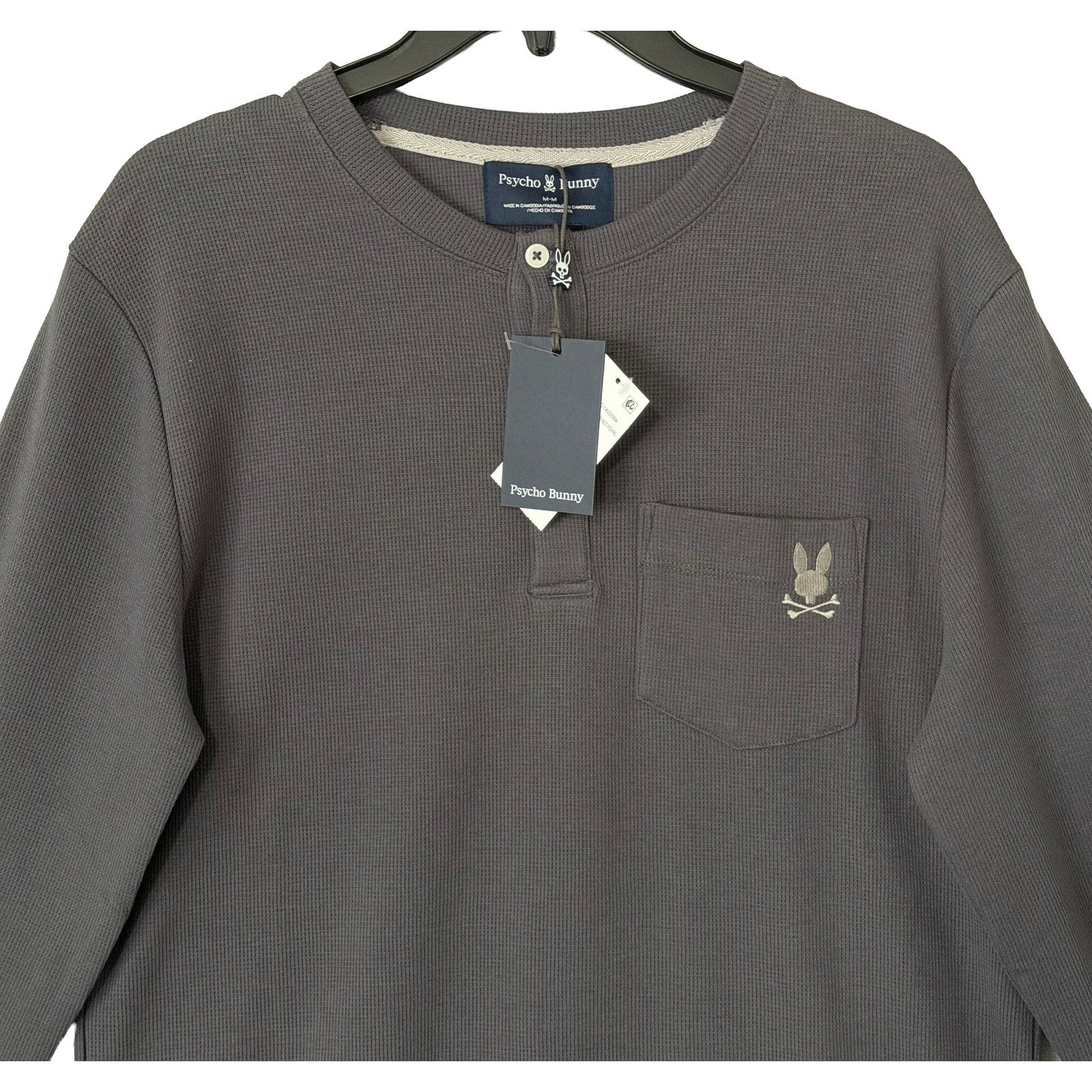 Psycho Bunny Henley T-Shirt Men's Medium Long Sleeve Chest Pocket Dark Gray