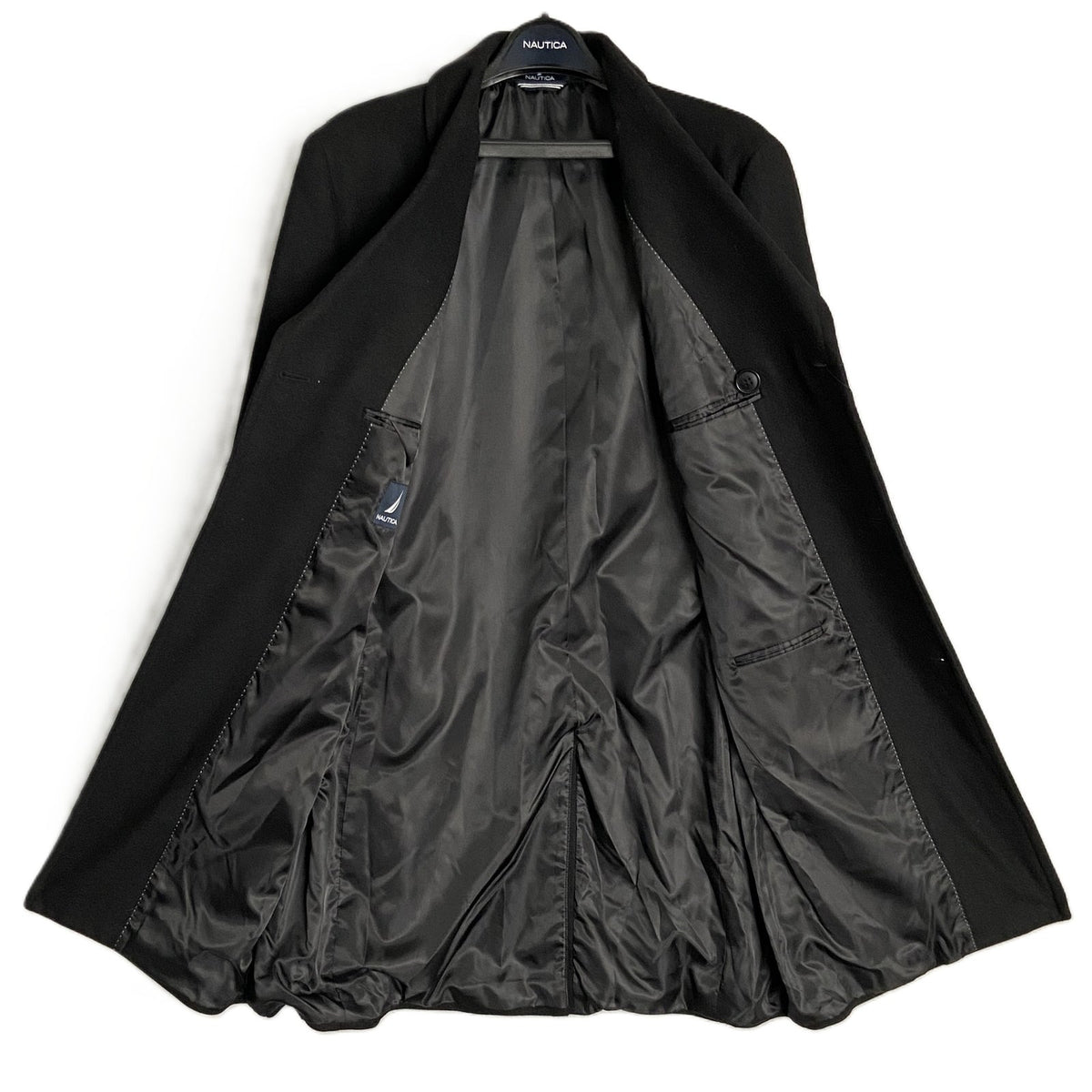 Nautica Overcoat Men's 44 Long Double-Breasted Wool Blend Lined Solid Black