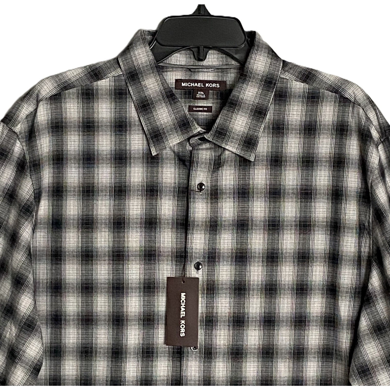 Michael Kors Men's XXL Classic Fit Flannel Shirt Black Grey Plaid Stretch