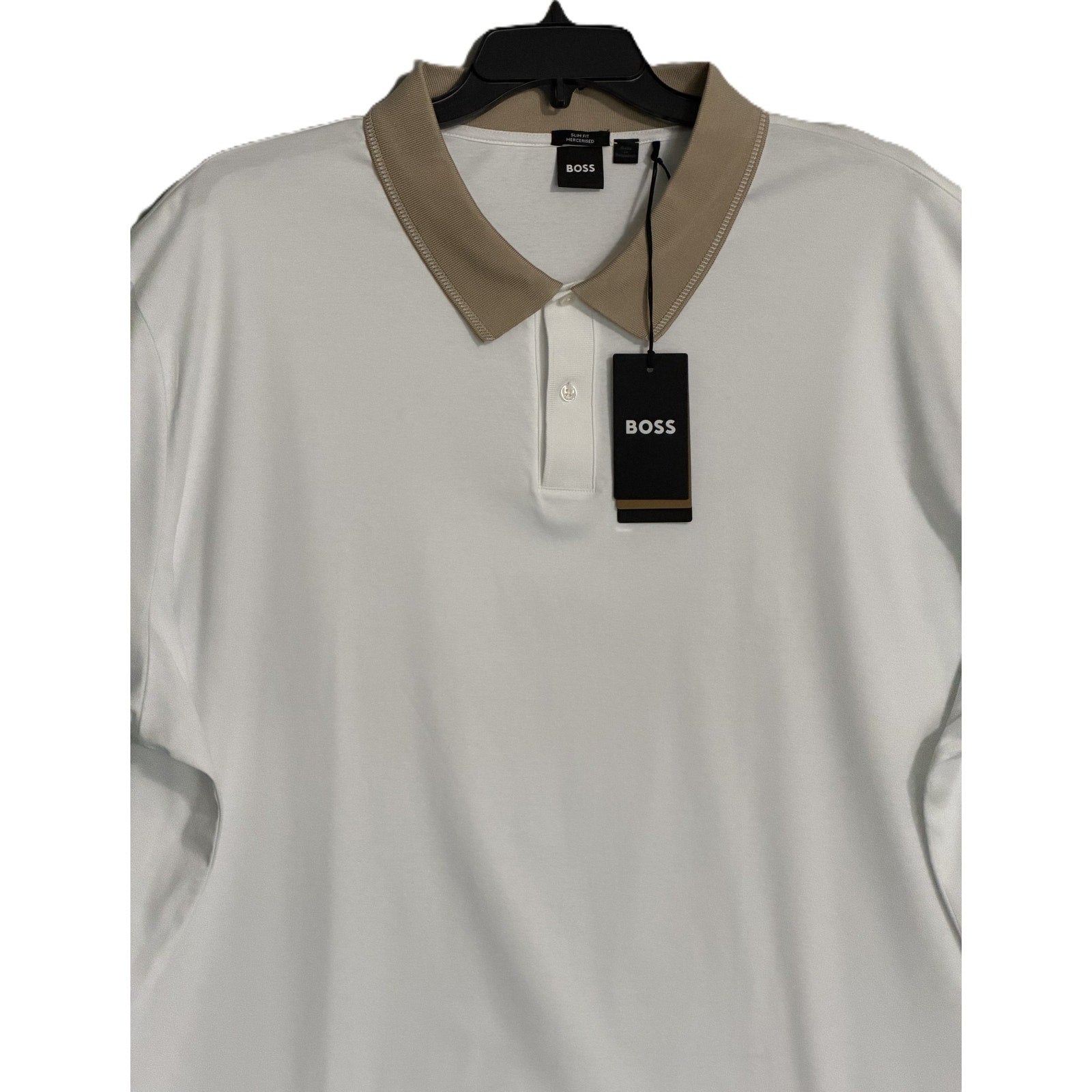Boss Polo Shirt Men's 4XT Slim Fit Big & Tall Short Slv White w/Tan Collar