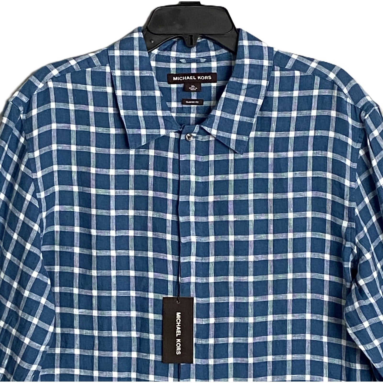 Michael Kors Men's XL Classic Fit Linen Shirt Blue Check Long Sleeve