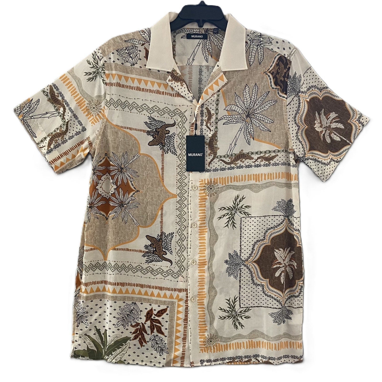 Murano Camp Shirt Men's XLT Big & Tall Bandana Print Linen Blend Egg Shell