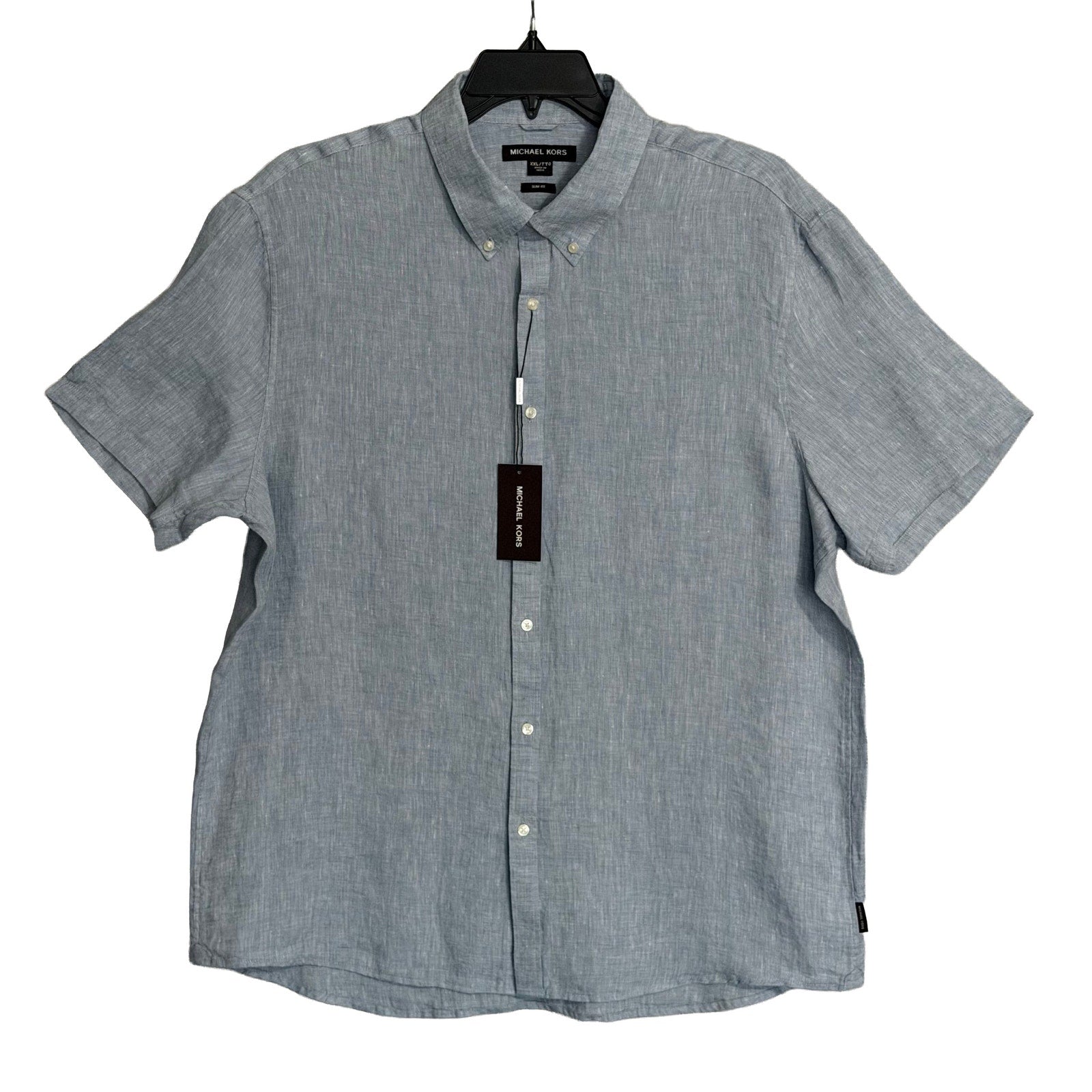 Michael Kors Linen Shirt Men's XXL Slim Fit Short Slv Button-Down Chambray