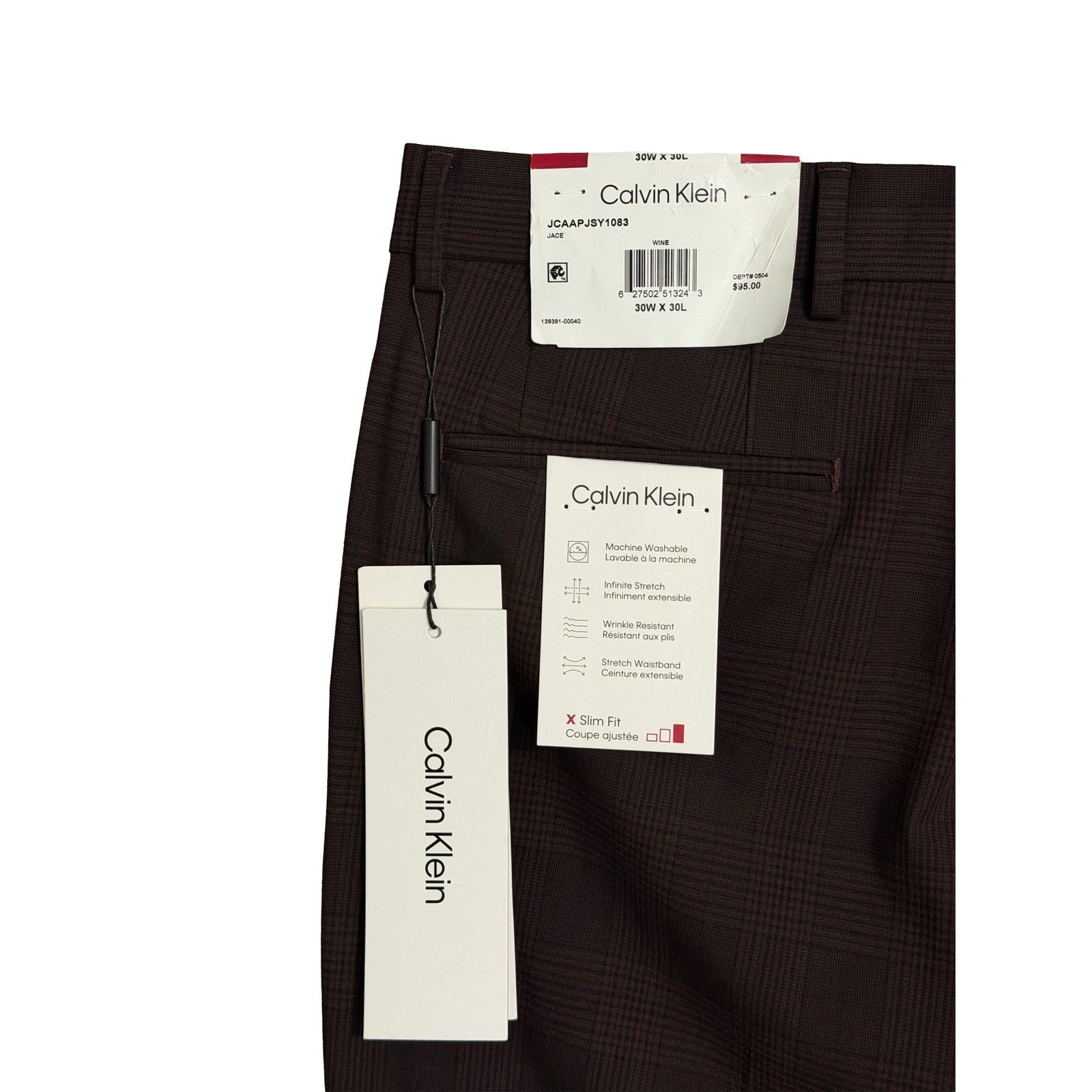 Calvin Klein Dress Pant Men's 30"x30" Slim Fit Flat Front Stretch Wine Plaid