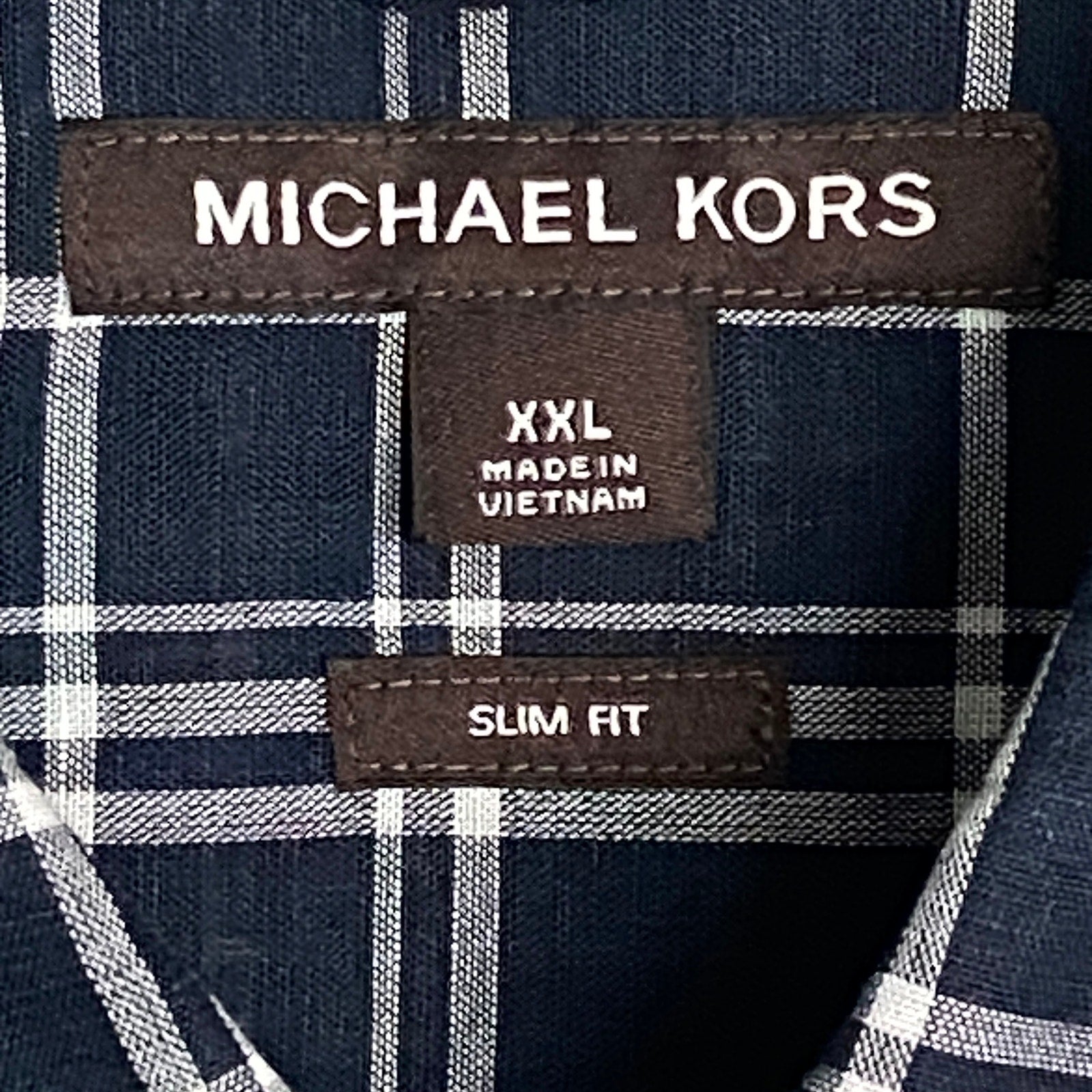 Michael Kors Men's XXL Slim Fit Short Sleeve Shirt Linen Dark Blue Check