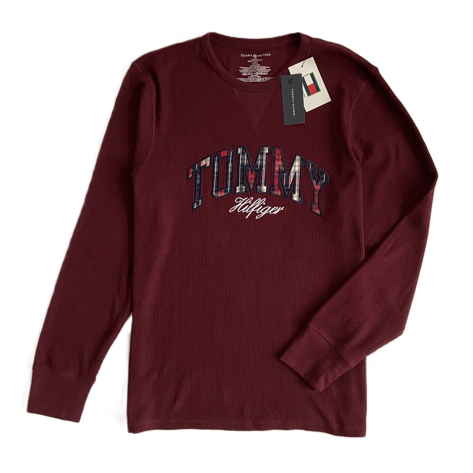Tommy Hilfiger T-Shirt Men's Large Long Sleeve Waffle-Knit Crew Neck Maroon