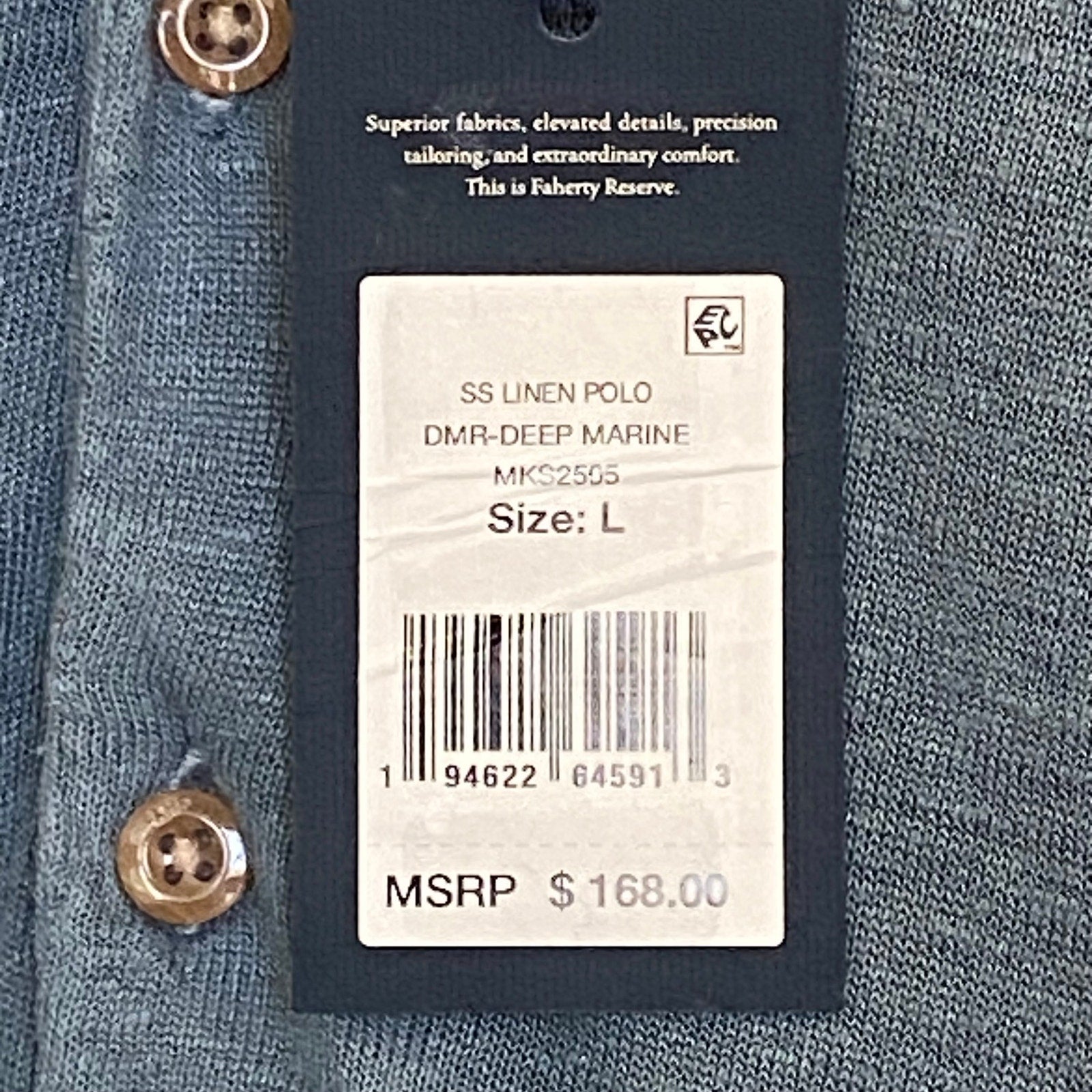 Faherty Polo Shirt Men's Large Reserve Short Sleeve Linen Deep Marine Blue