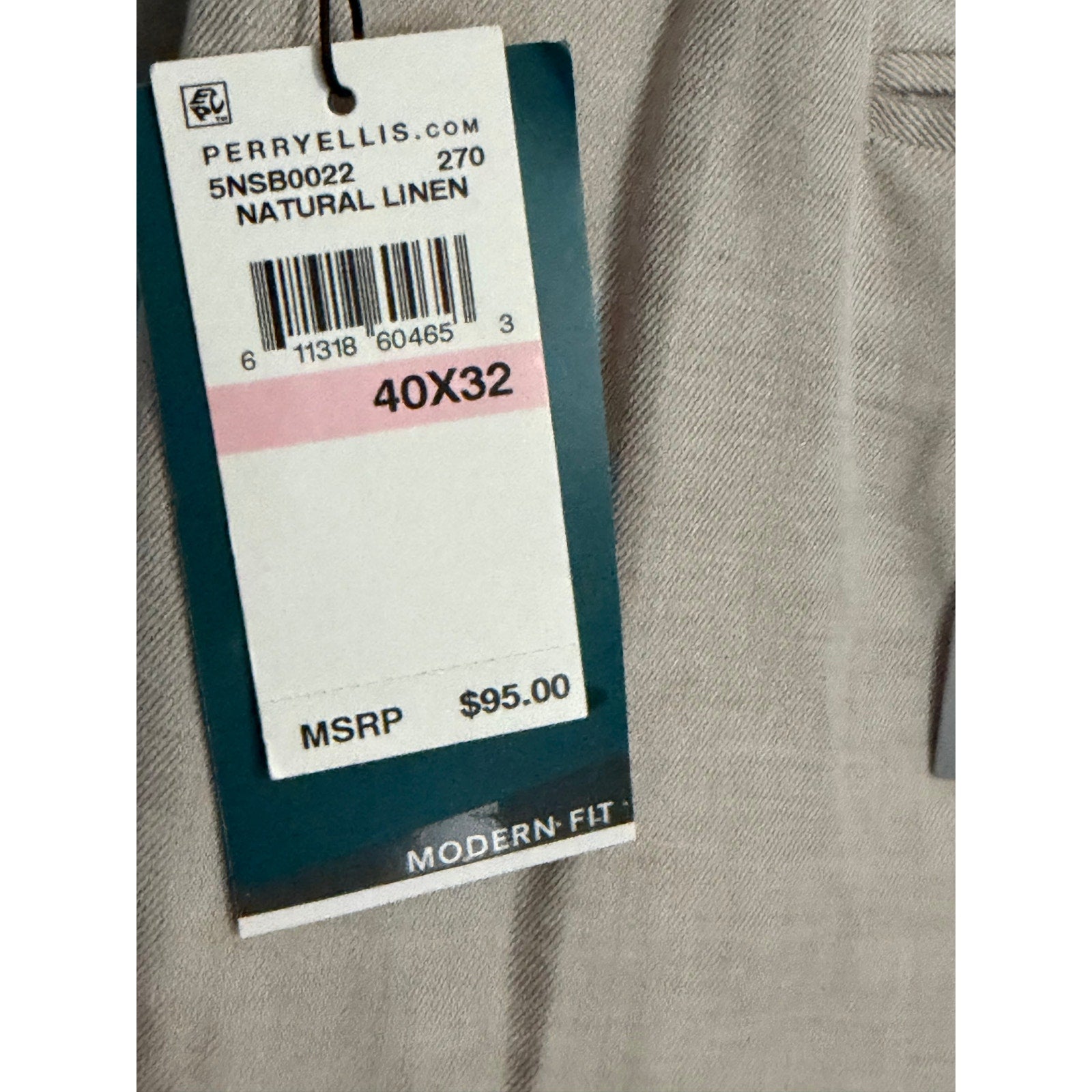 Perry Ellis Portfolio Pants Men's 40"x32" Modern Fit Linen Blend Beige