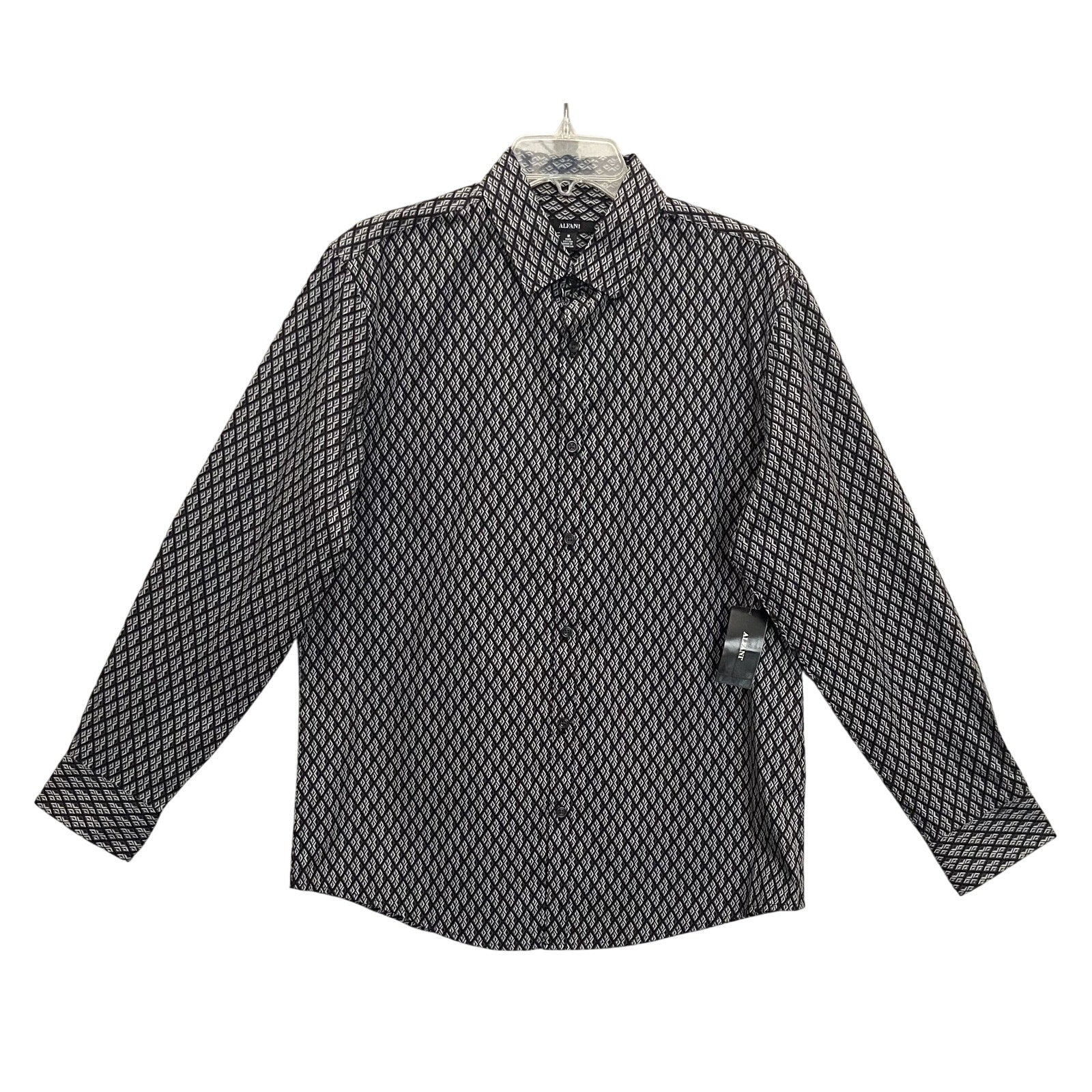 Alfani Dress Shirt Men's Medium Button-Up Cotton Long Sleeve Black Geo Print