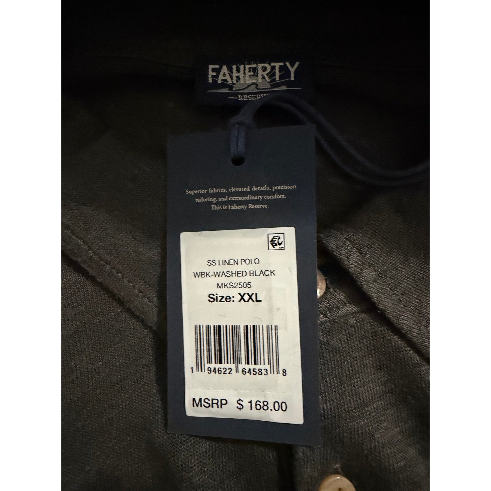 Faherty Polo Shirt Men's XXL Reserve Short Sleeve Linen Washed Black