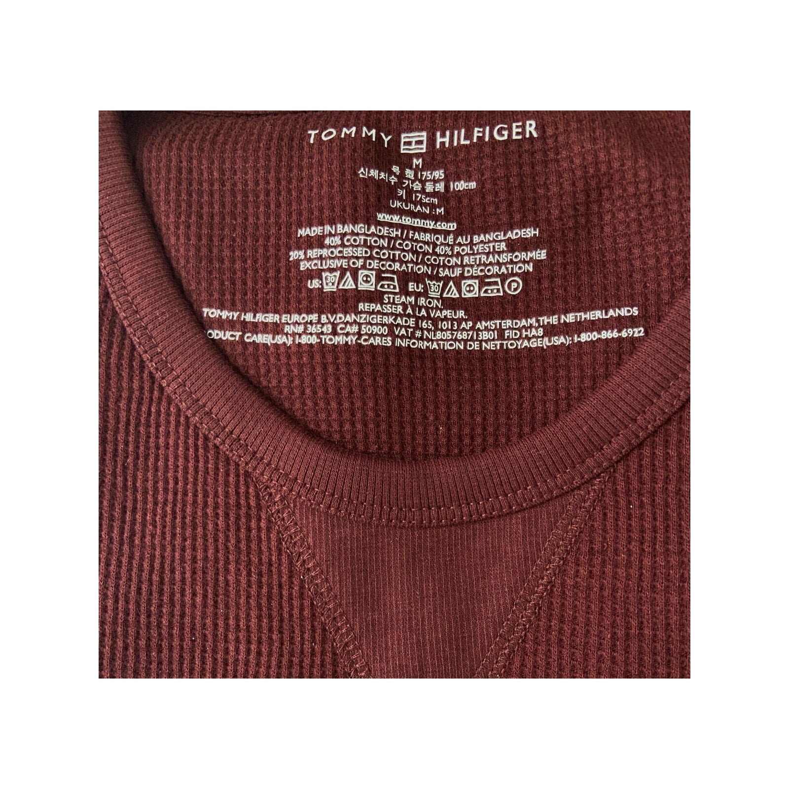 Tommy Hilfiger T-Shirt Men's Medium Long Sleeve Waffle-Knit Crew Neck Maroon