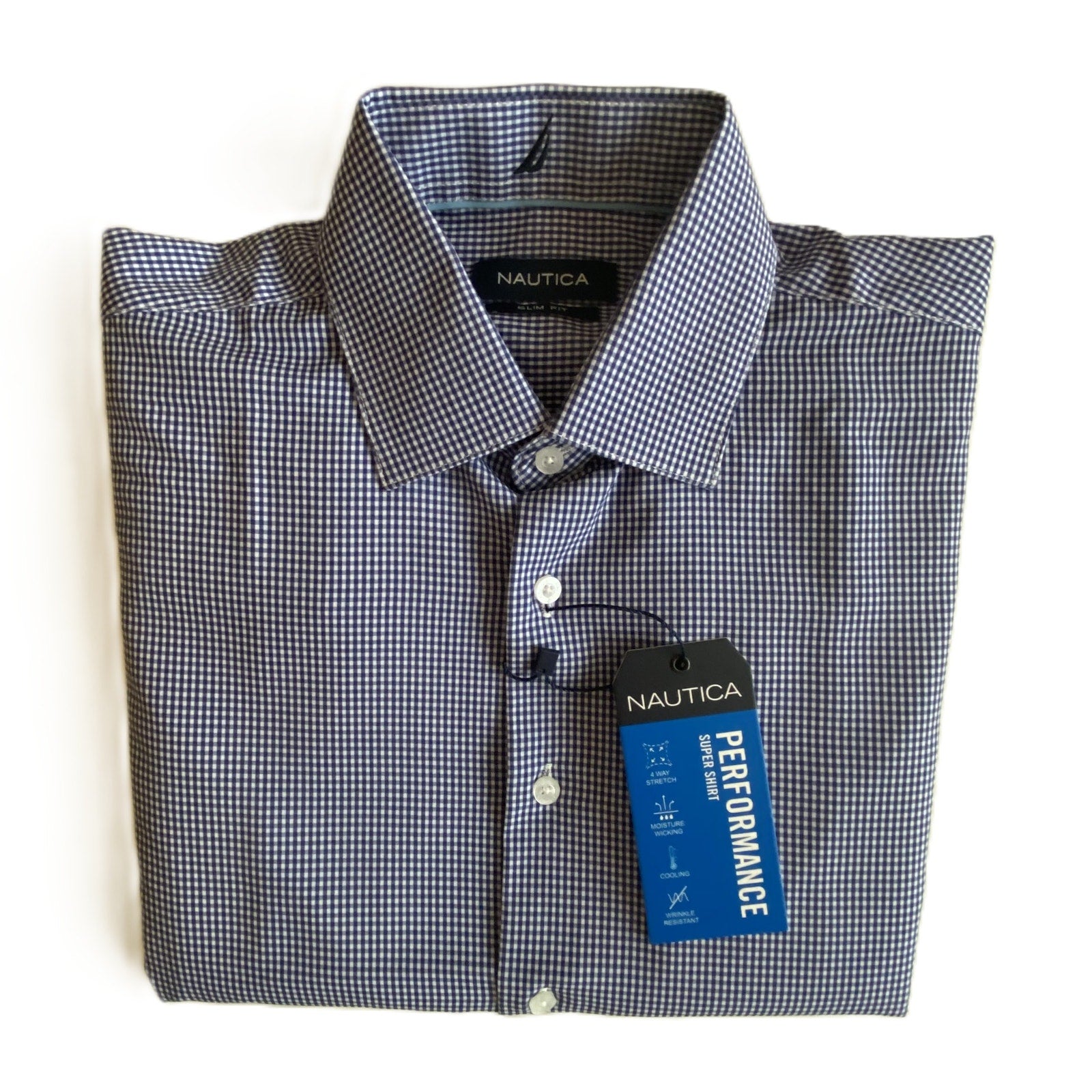 Nautica Dress Shirt Men's 14-14.5 32/33 Performance Slim Fit Blue White Ck