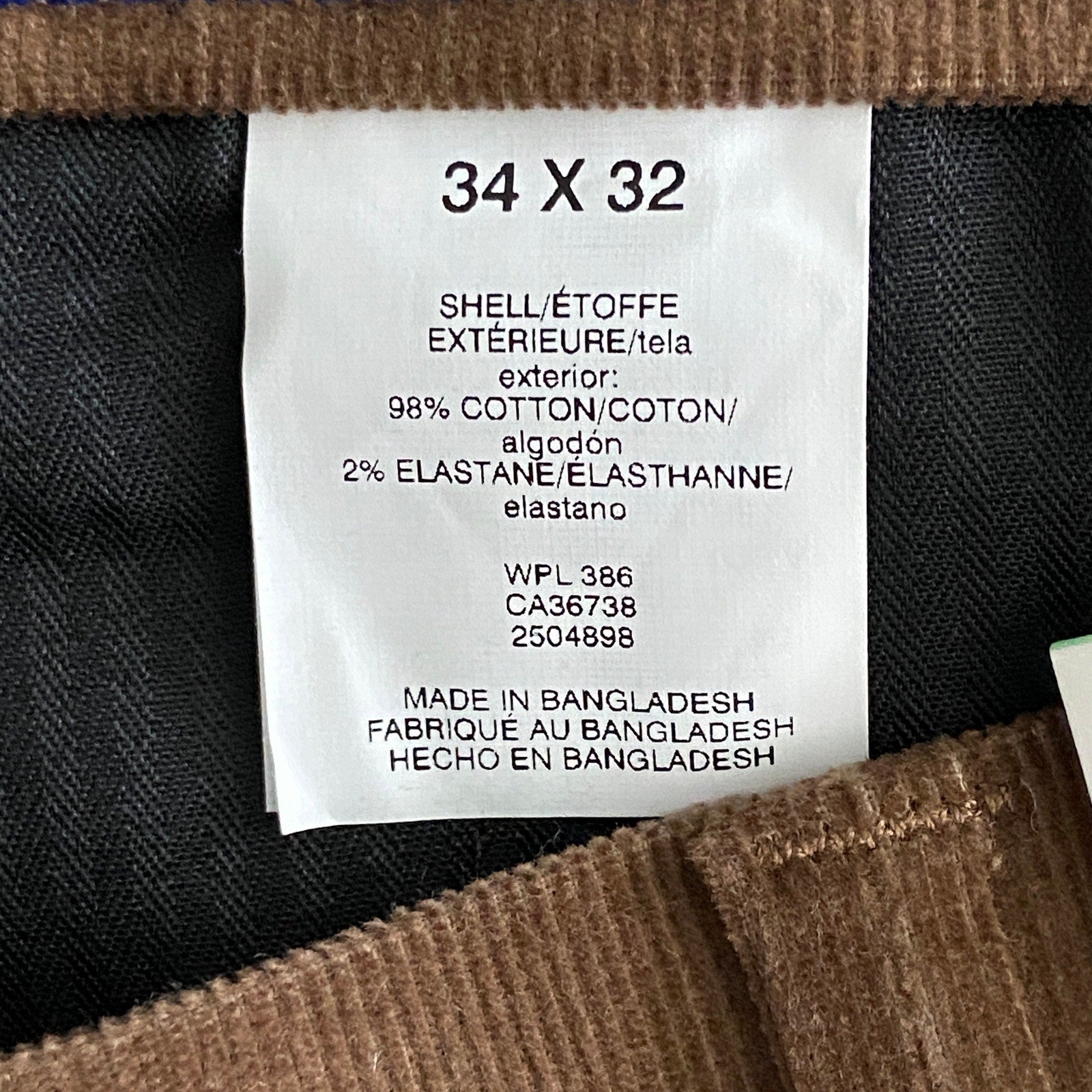 Kenneth Cole Reaction Pants Men's 34x32 Pant Slim Fit Stretch Corduroy Camel