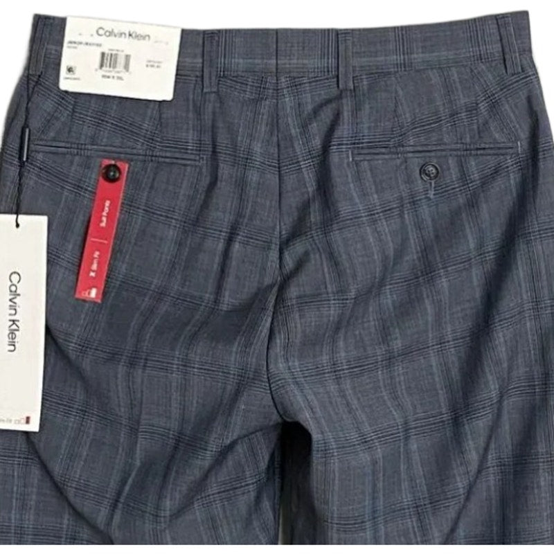 Calvin Klein Suit Pant Men's 30"x30" Slim Fit Stretch Grey & Blue Plaid