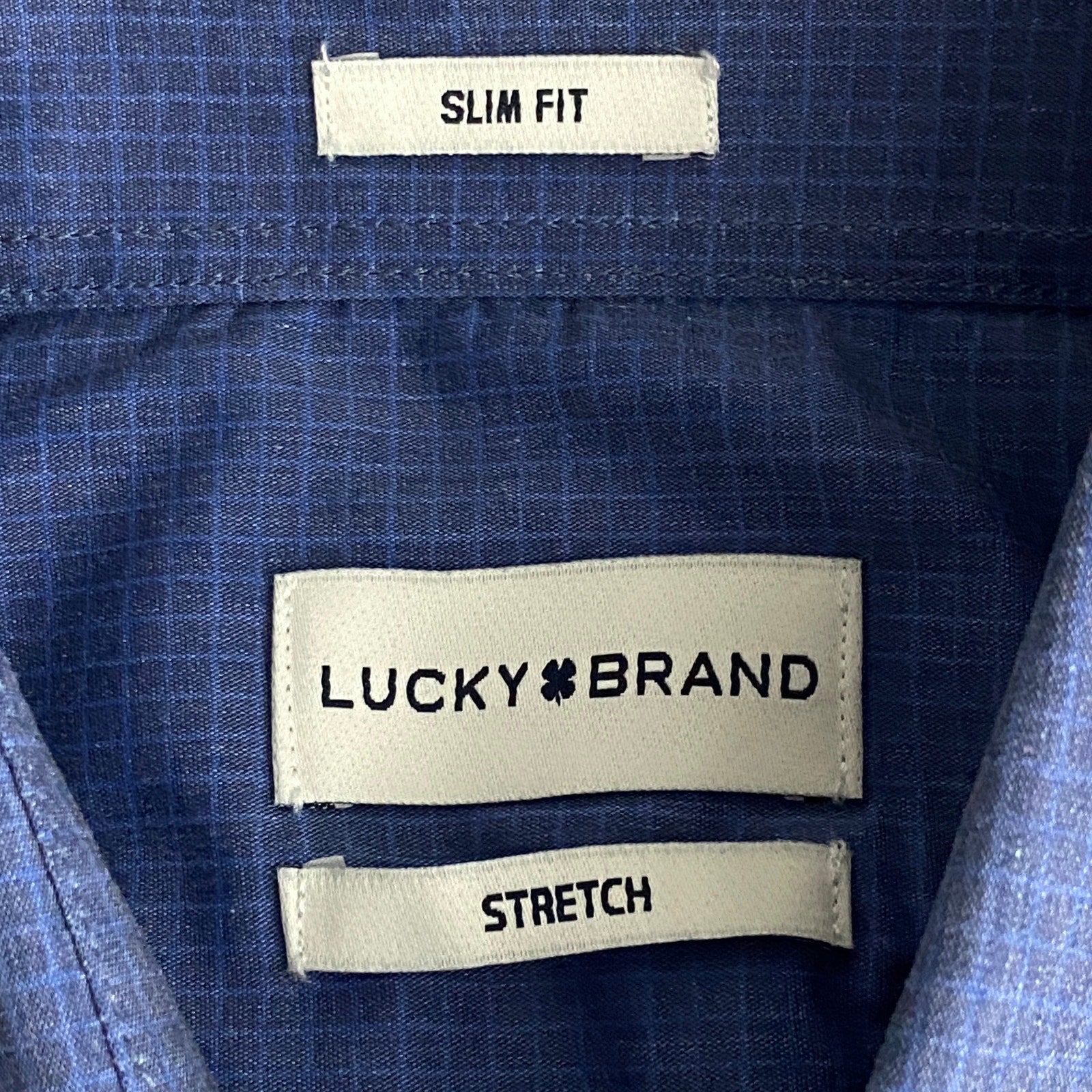 Lucky Brand Men's 15-15.5 34/35 Slim Fit Dress Shirt Blue Geo Print Stretch