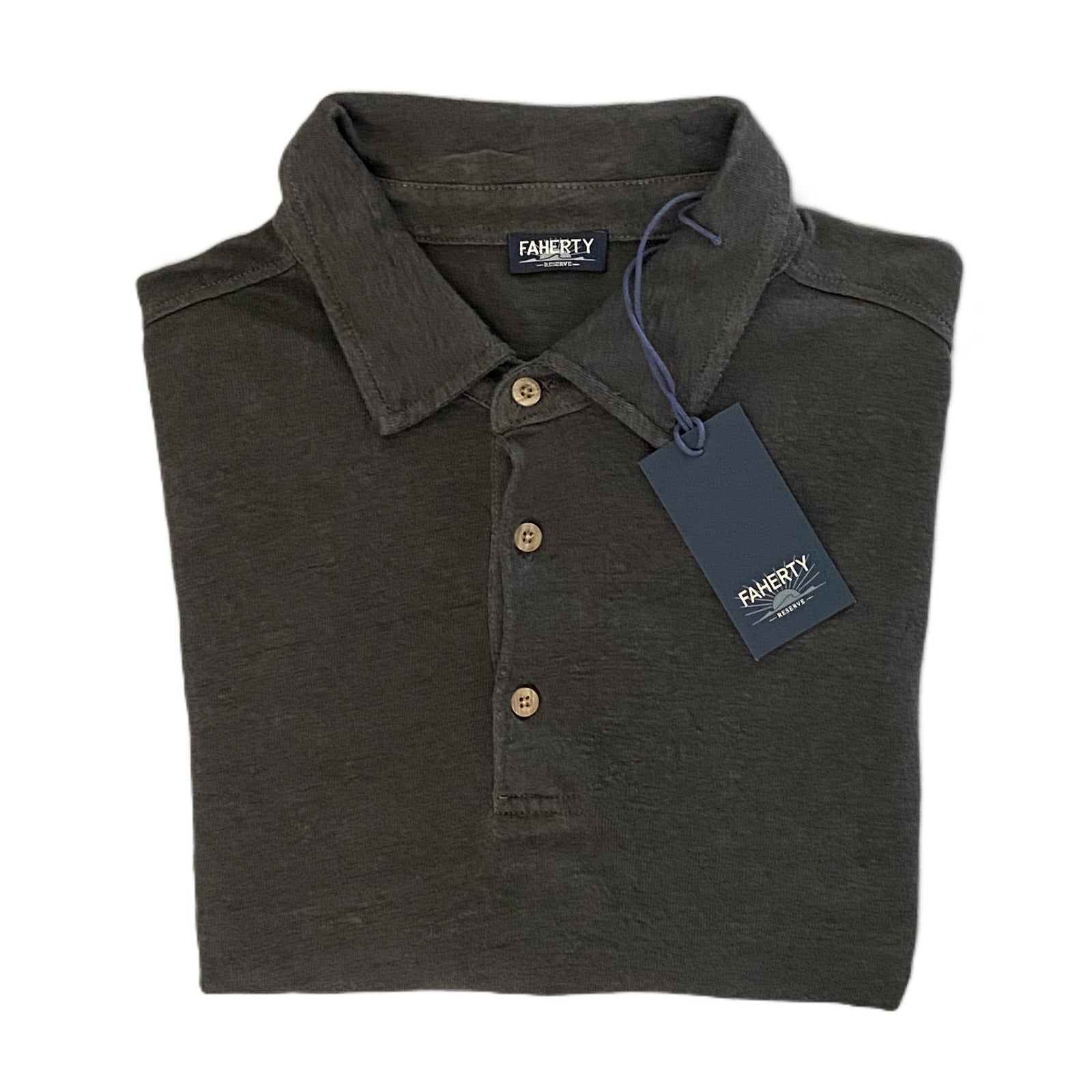Faherty Polo Shirt Men's Large Reserve Short Sleeve Linen Washed Black NEW
