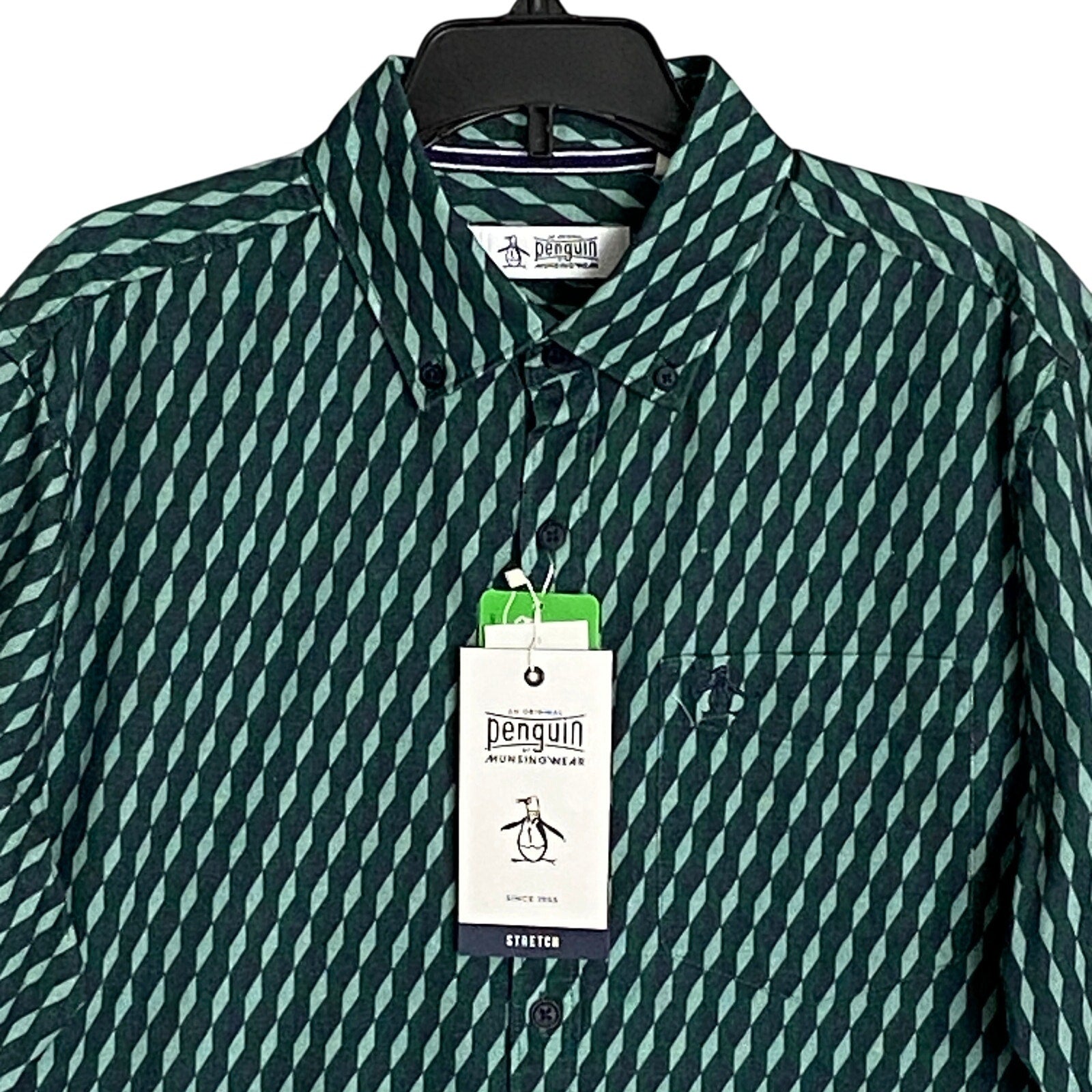 Penguin Shirt Men's Small Long Sleeve Button-Down Shirt Green Geo Print