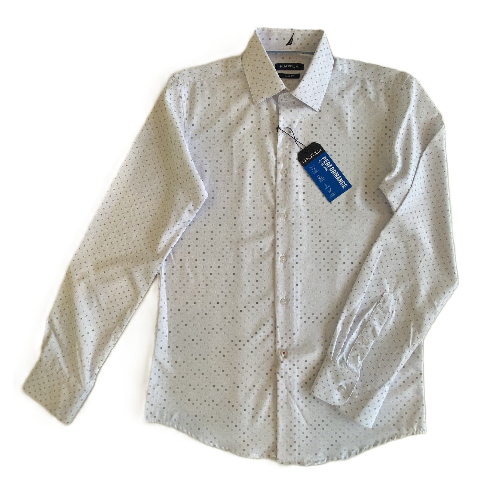 Nautica Dress Shirt Men's 14-14.5 32/33 Performance Slim Fit White Blue Dot NEW