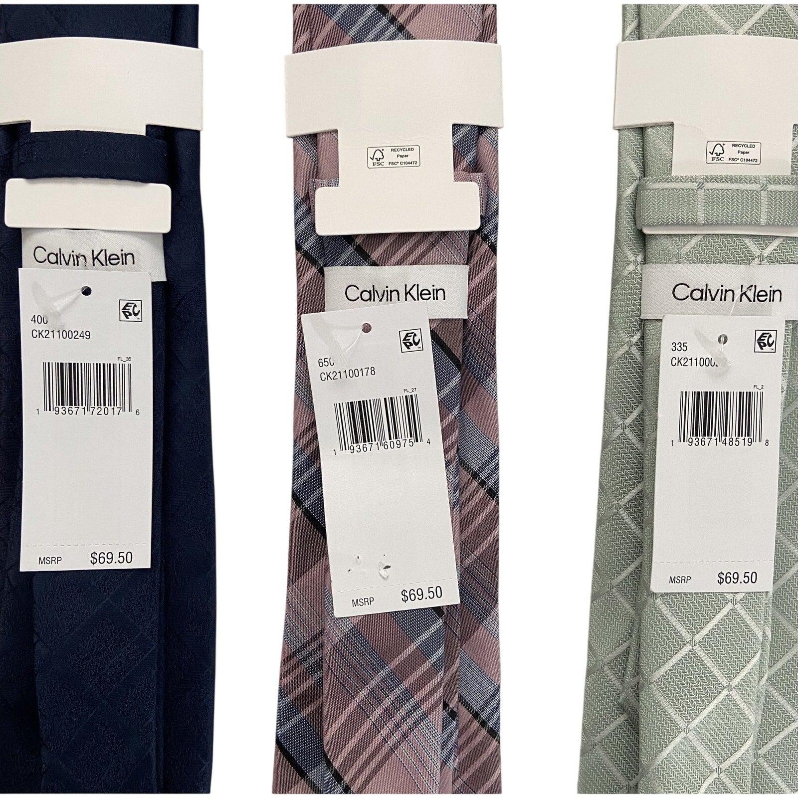 Calvin Klein Necktie Lot of 3 Classic Width/Length Blue, Pink Plaid, Green