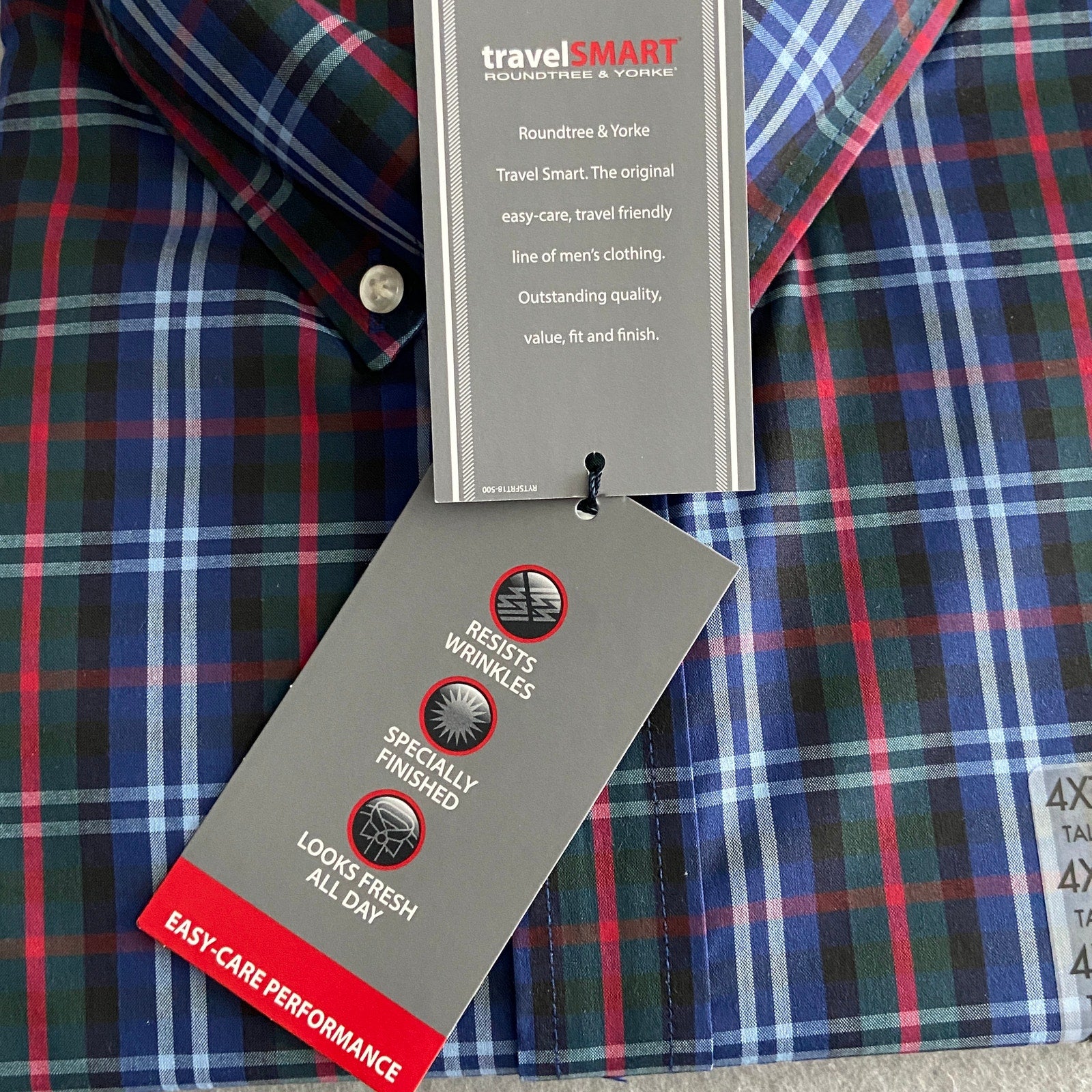 Roundtree & Yorke TravelSmart Big & Tall Men's 4XT Dress Shirt Multi Check