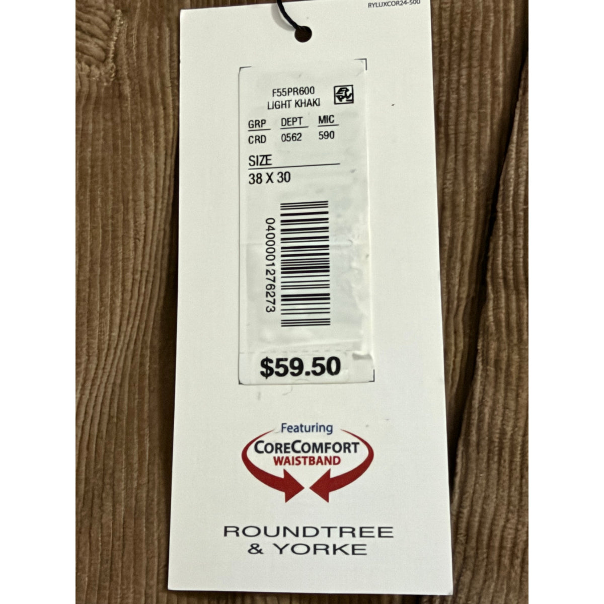 Roundtree & Yorke Pant Men's 38x30 Classic Fit Corduroy Pleated Cuffs Khaki