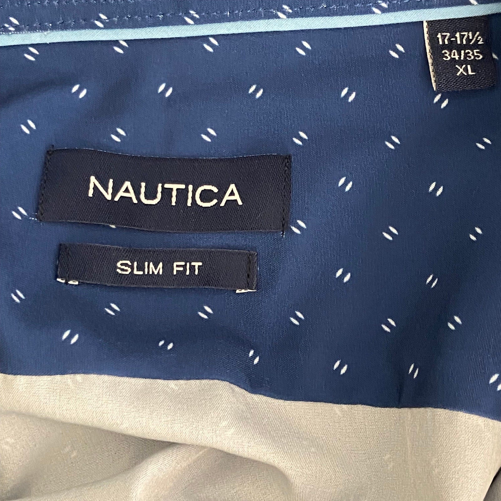 Nautica Dress Shirt Men's XL 17-17.5 34/35 Performance Slim Fit Blue Geo
