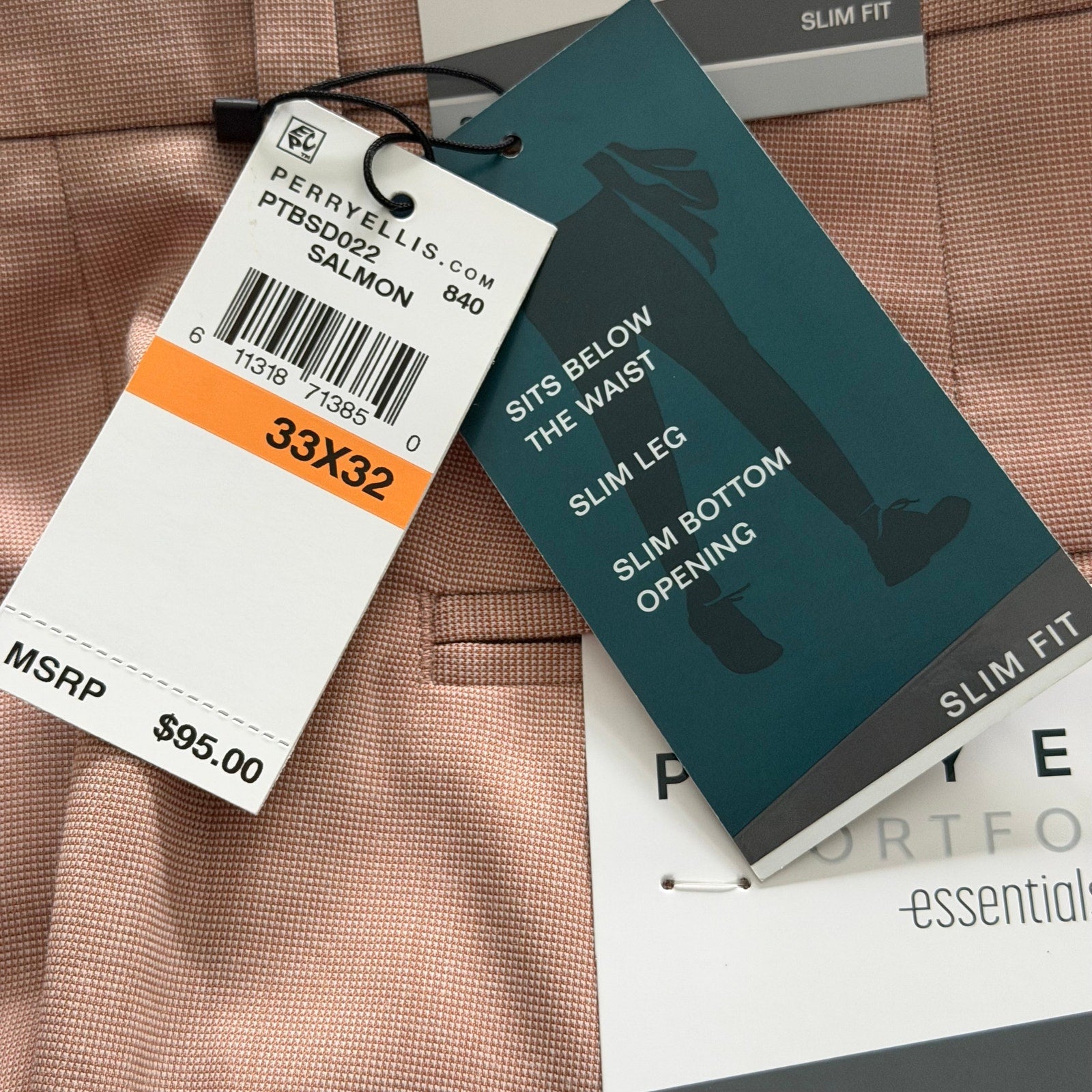 Perry Ellis Portfolio Pants Men's 33"x32" Slim Fit Dress Pant Stretch Salmon