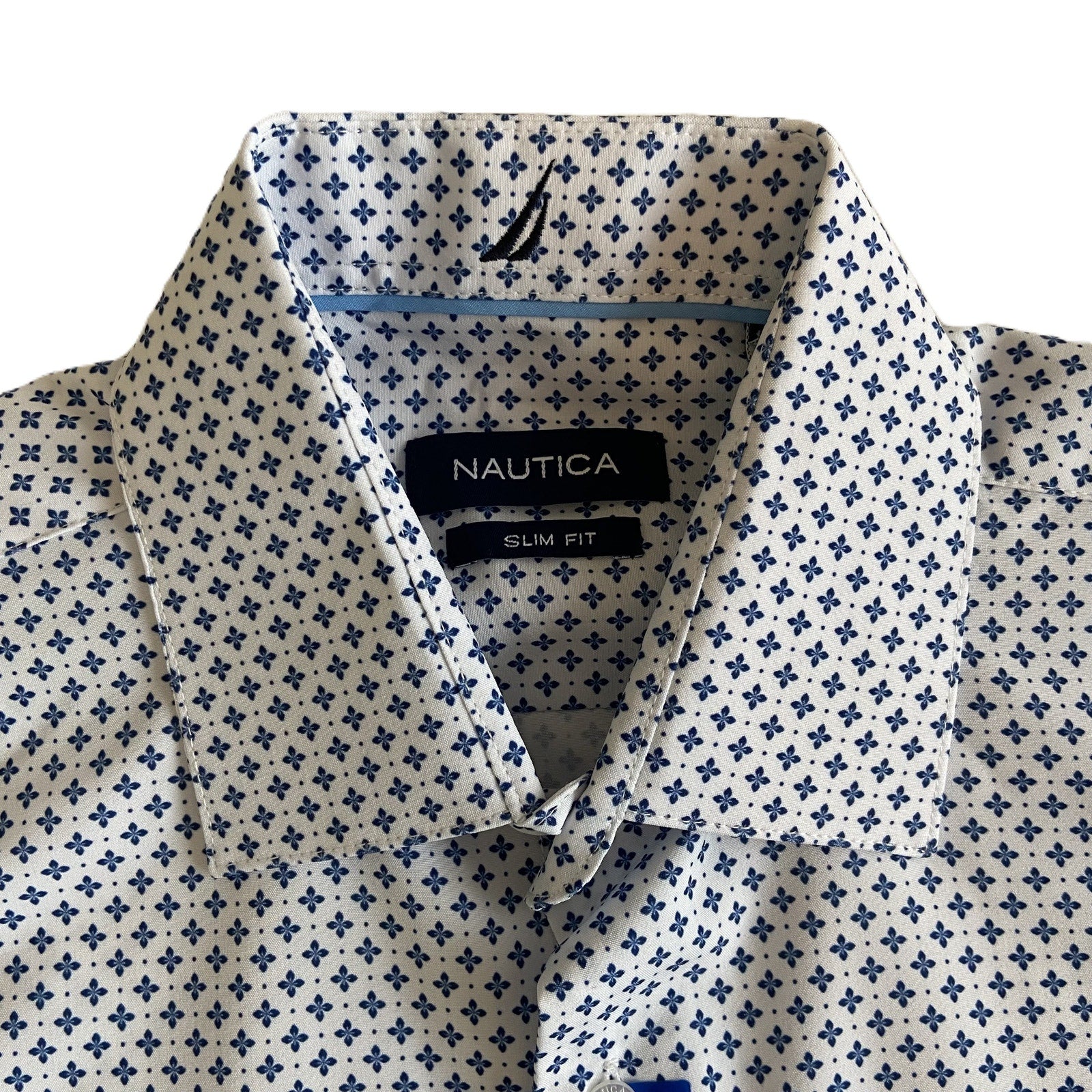 Nautica Dress Shirt Men's 14-14.5 32/33 Performance Slim Fit Blue Floral NEW