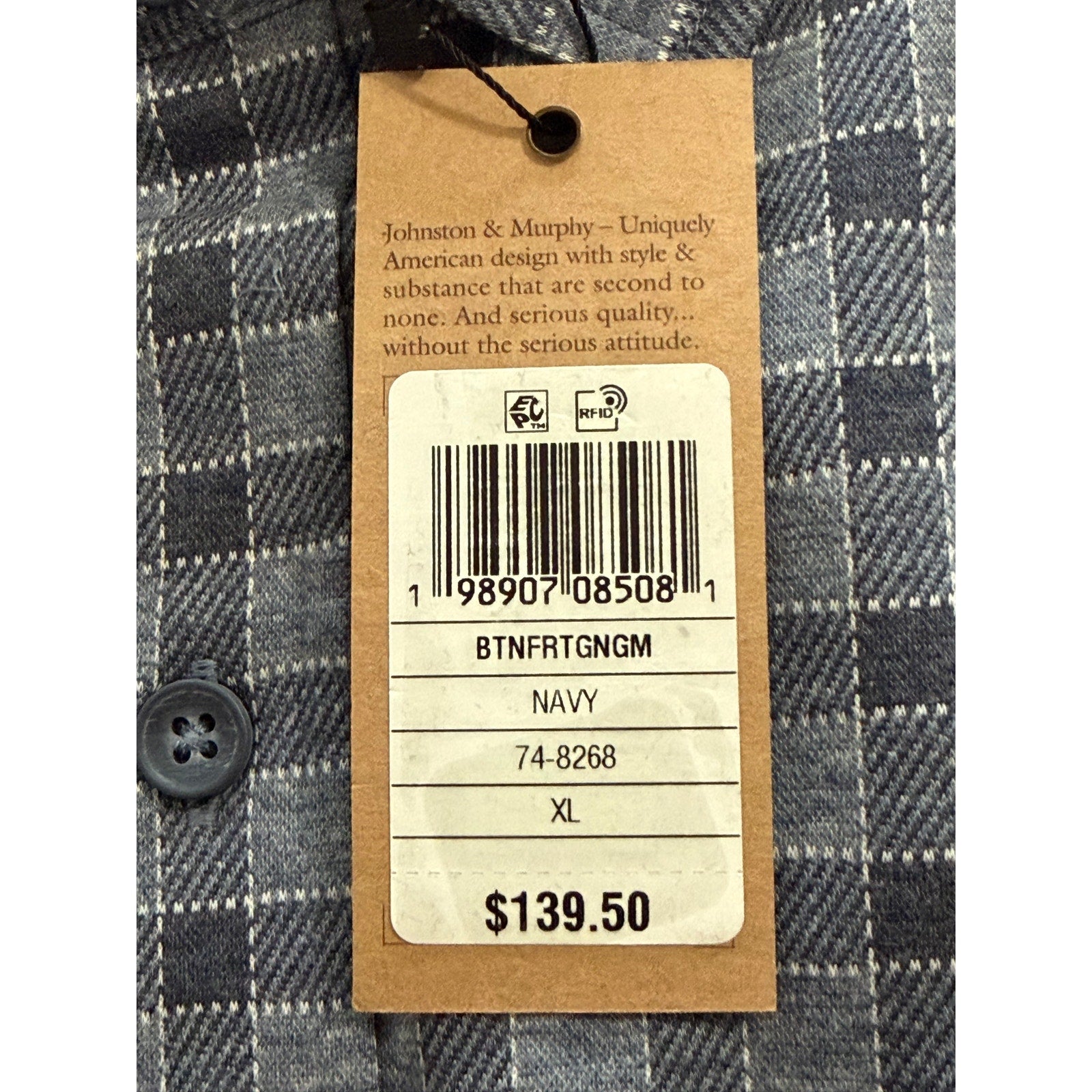 Johnston & Murphy Shirt Men's XL Long Sleeve Navy Gingham Pockets