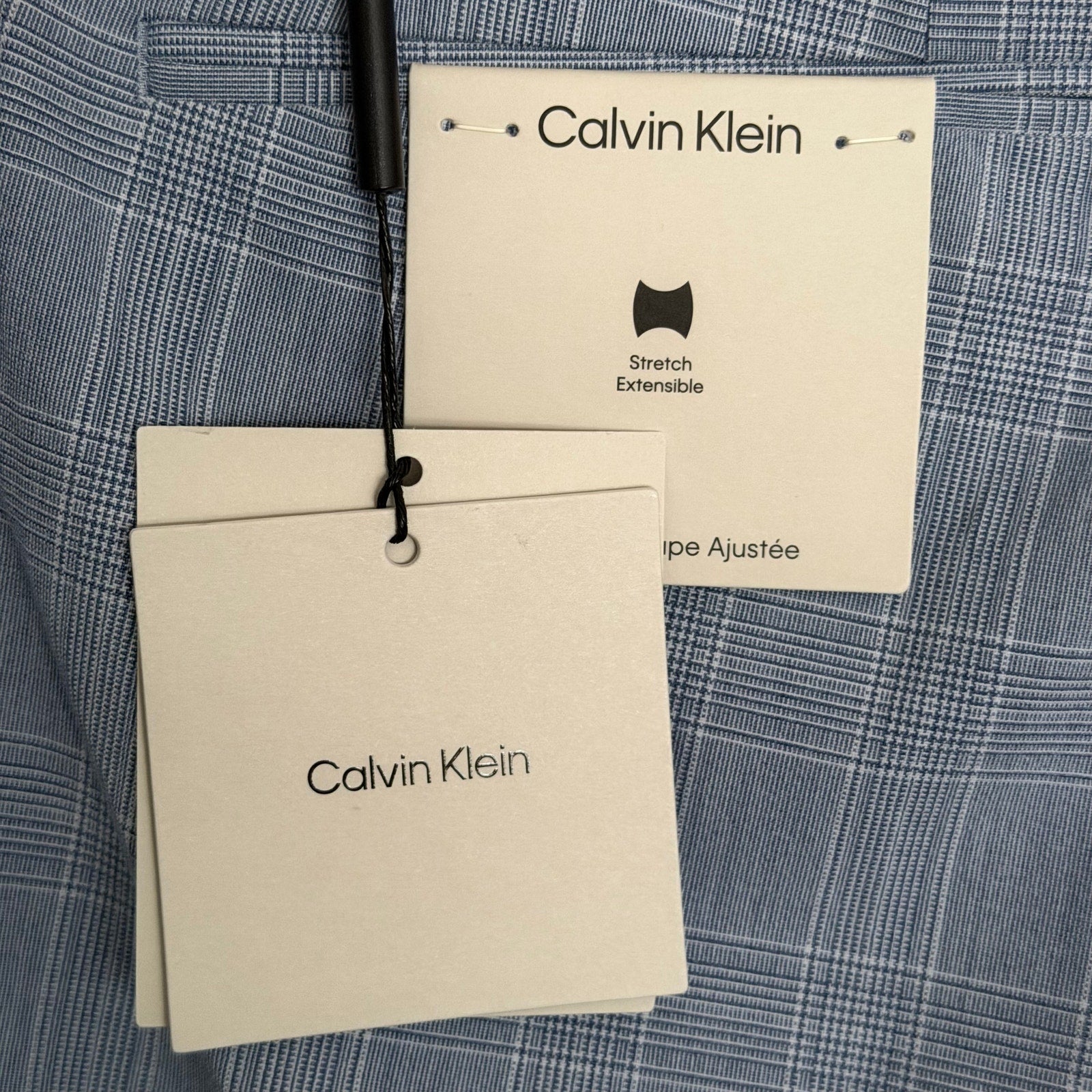 Calvin Klein Dress Pant Men's 40"x30" Slim Fit Flat Front Stretch Blue Plaid