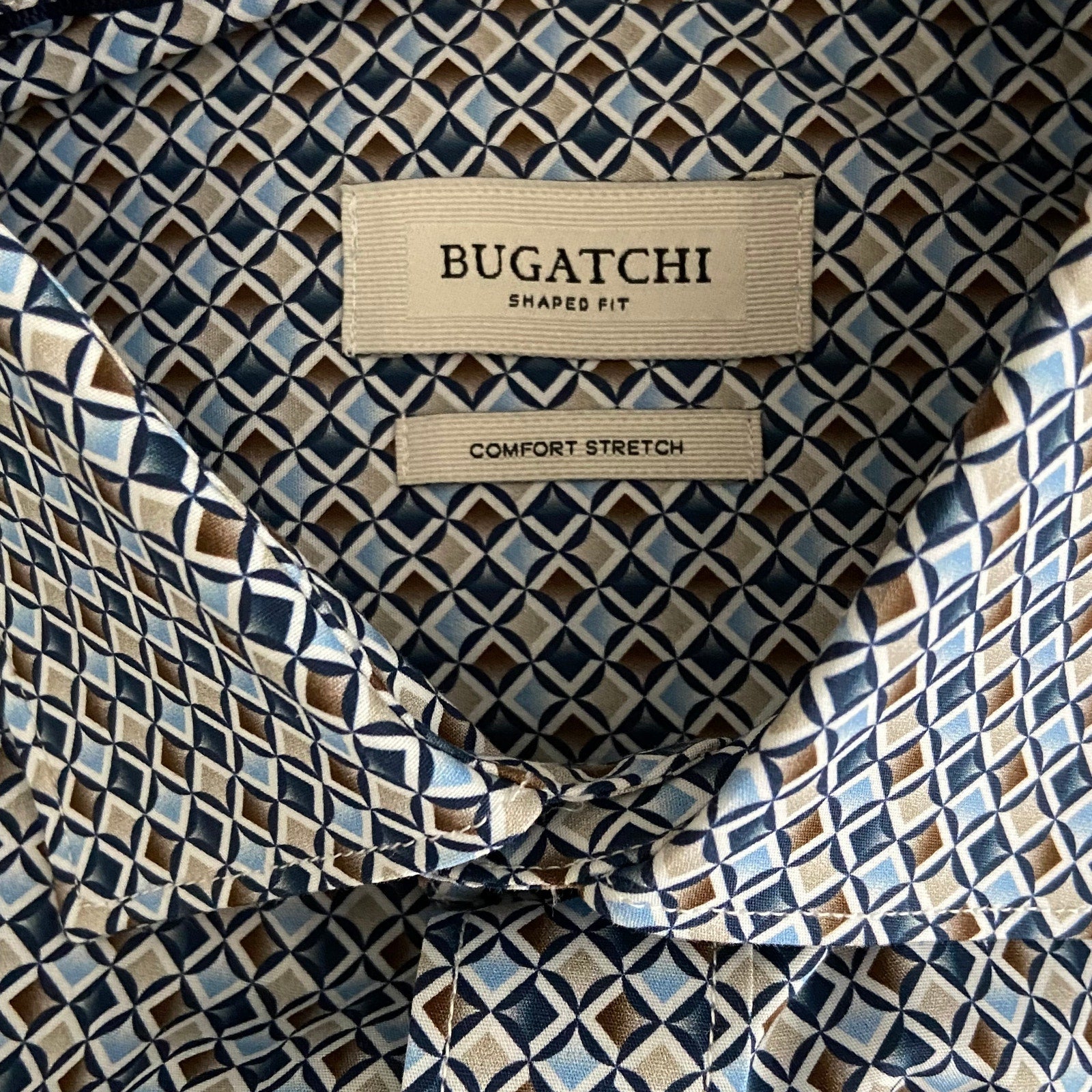 Bugatchi Dress Shirt Men's Small Long Sleeve Button-Up Blue Brown Geo